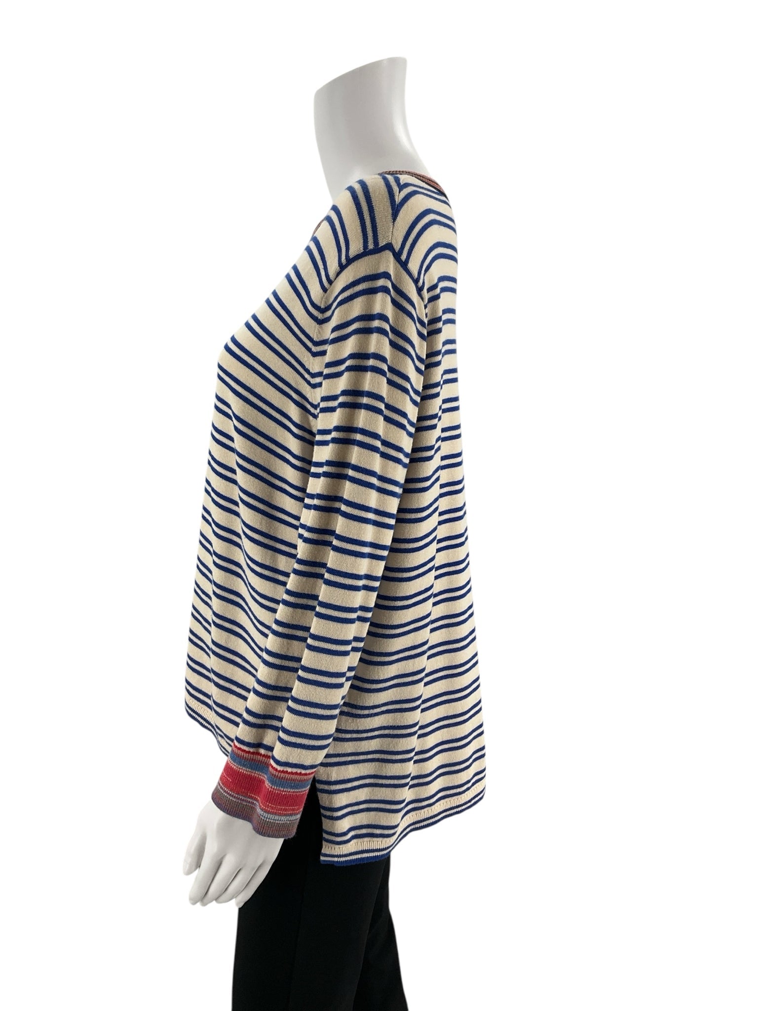 Cabi pre-owned ladies tan and blue stripe pullover top in size medium, showcasing a nautical and coastal style.