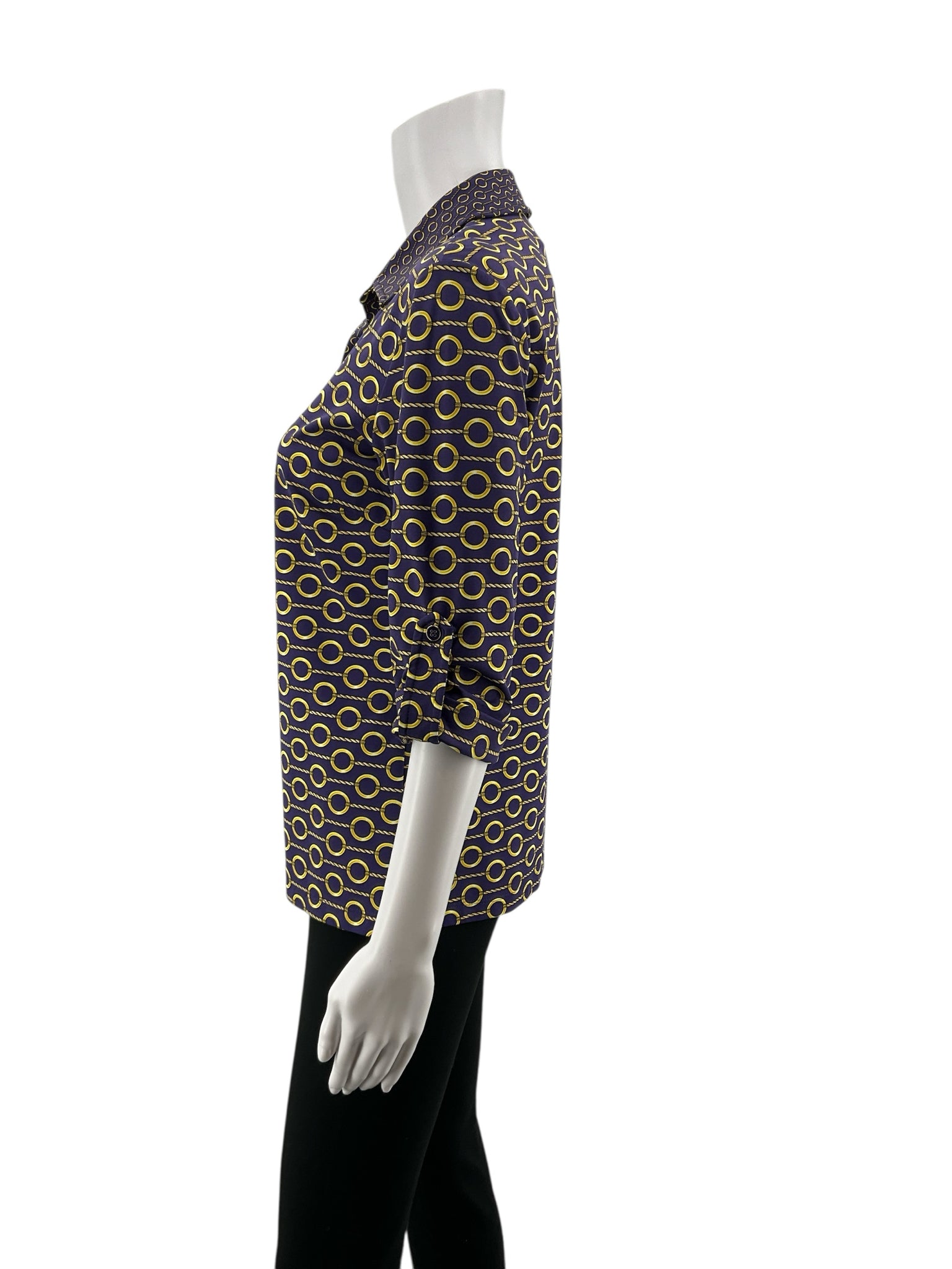 J. McLaughlin Navy/Gold 3/4 Sleeve Catalina Cloth Chain Print Top Navy Gold Size Small - Size S