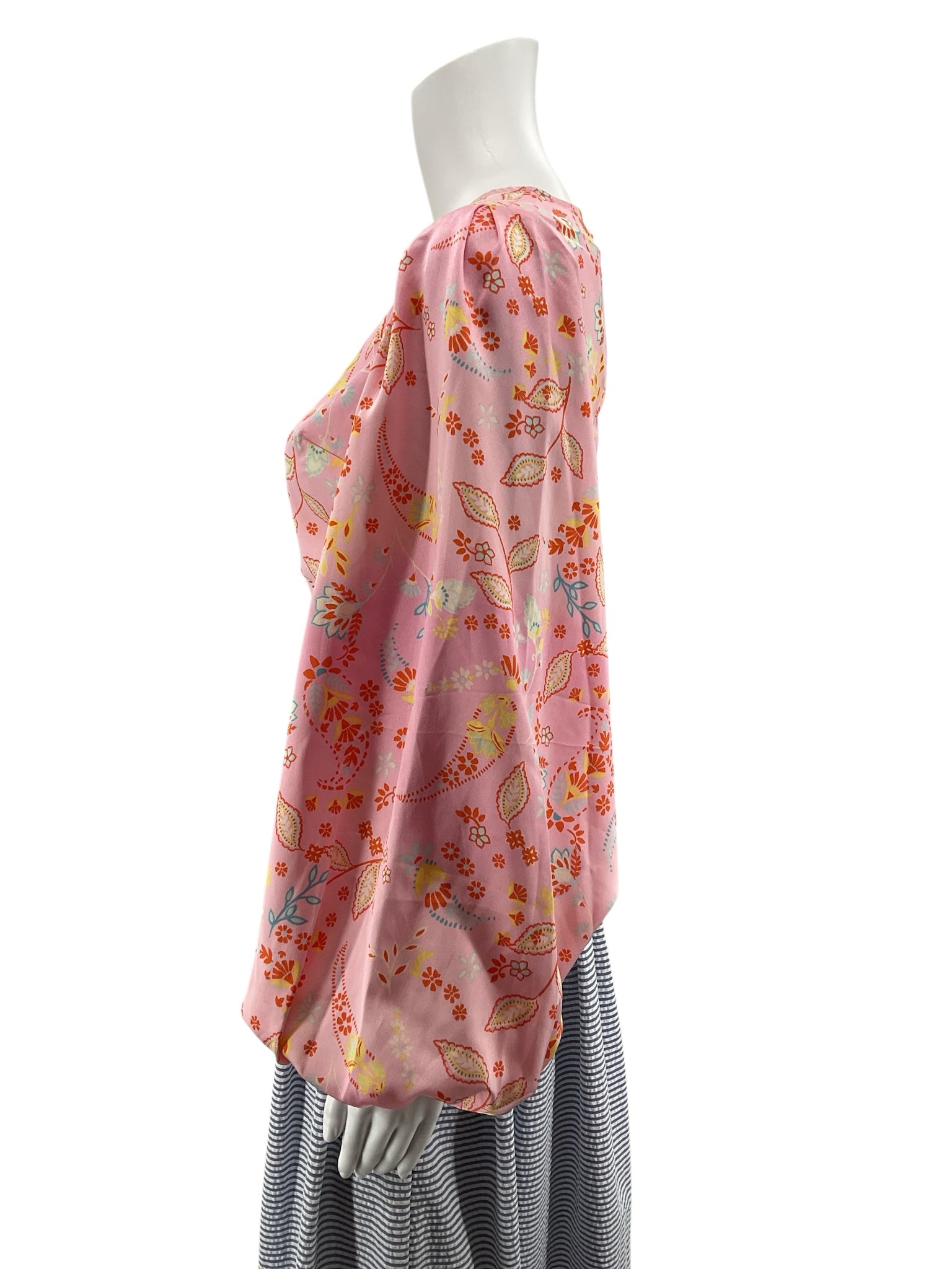Sugar + Lips Pink Paisley Floral Boho Bishop Sleeve Blouse Top Size XS