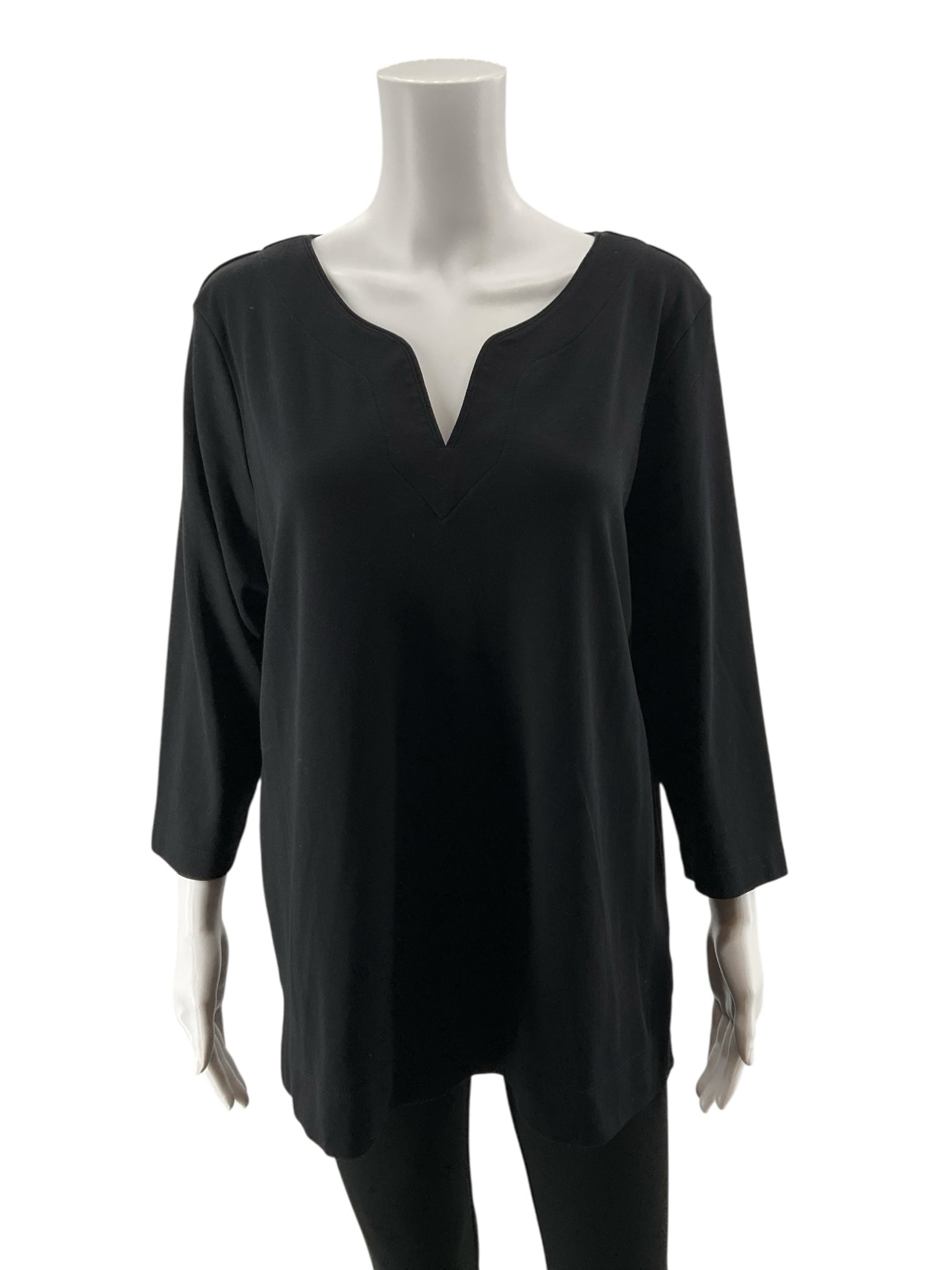 L.L.Bean Supima Cotton Splitneck Tunic Top 3/4 Sleeve Black Women&