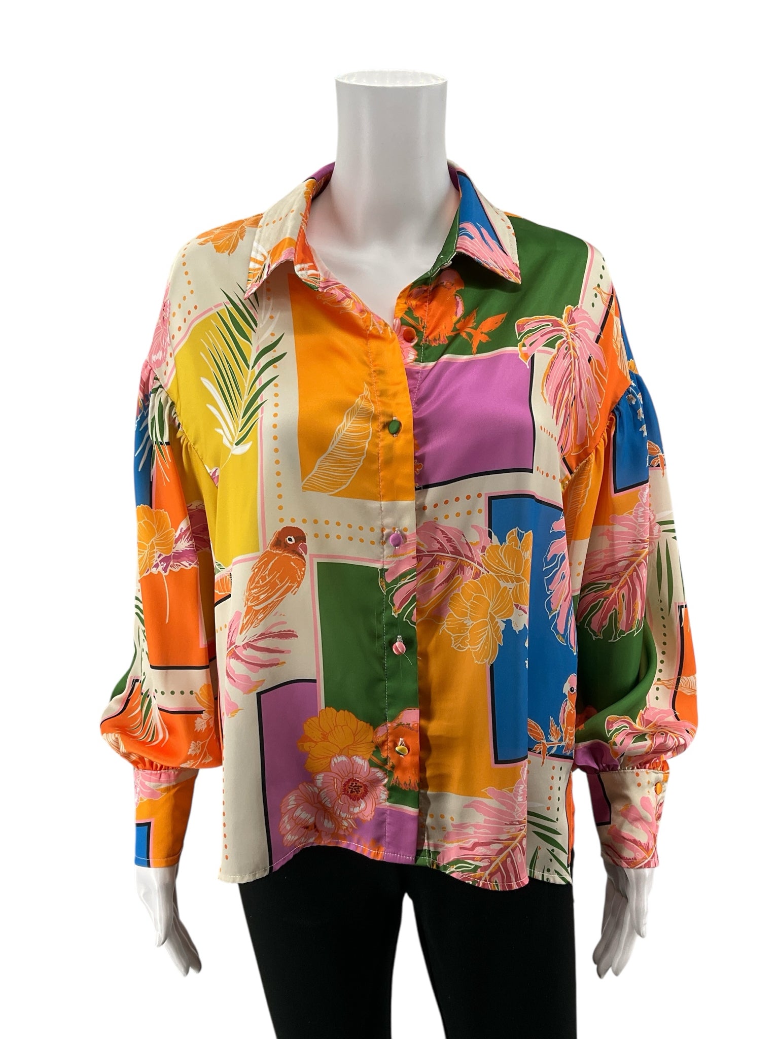 Fate Tropical Parrot Print Button-Down Blouse Size Small