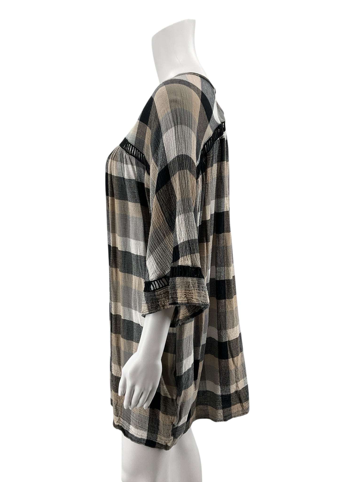 Maeve Anthropologie Plaid Flutter-Sleeve Tunic Dress Size Medium Black Tan Check