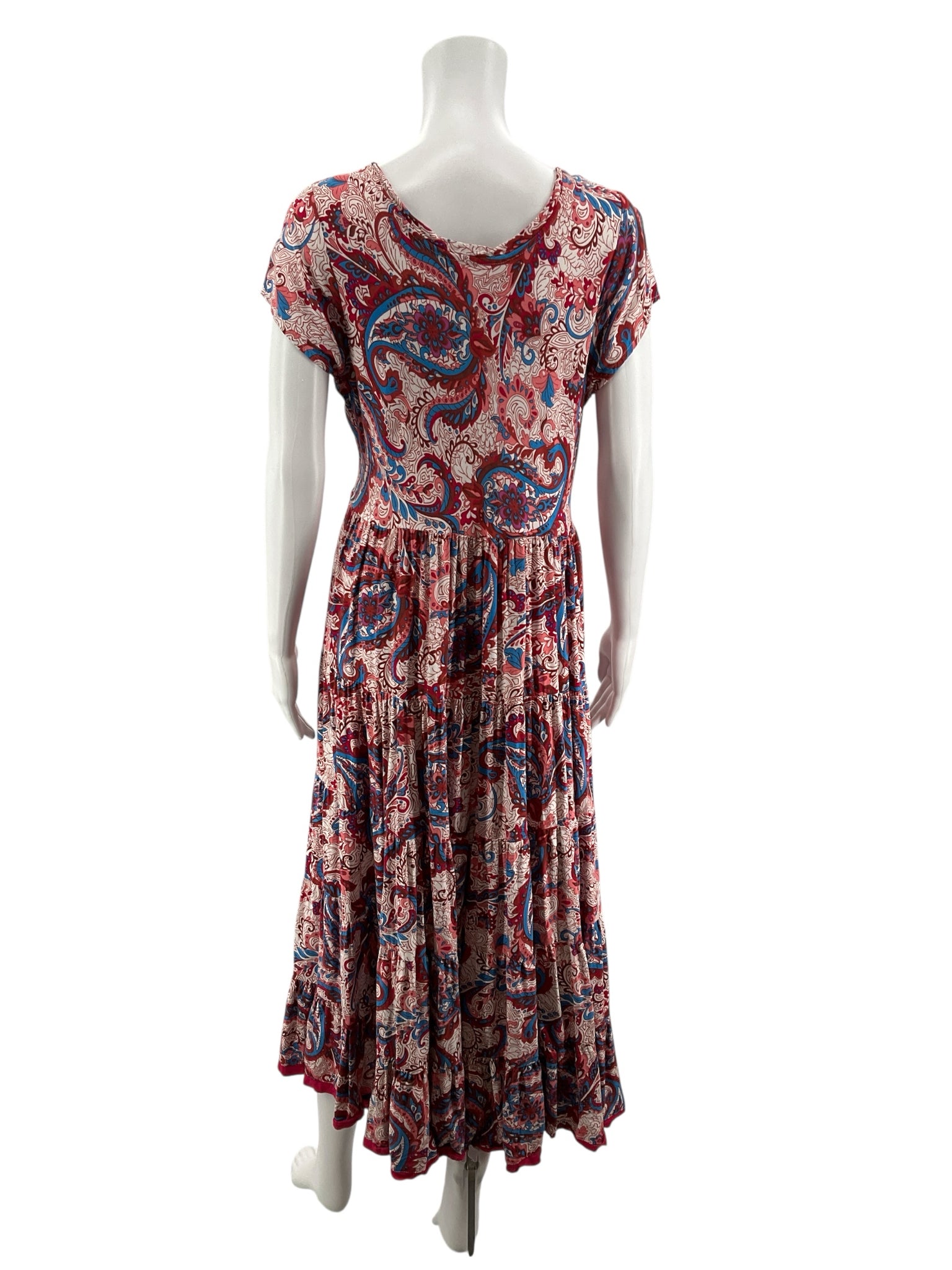 Soft Surroundings Tan/Red/Blue Boho Delphine Paisley Tiered Midi Dress Boho Cap Sleeve Size Large - Size L