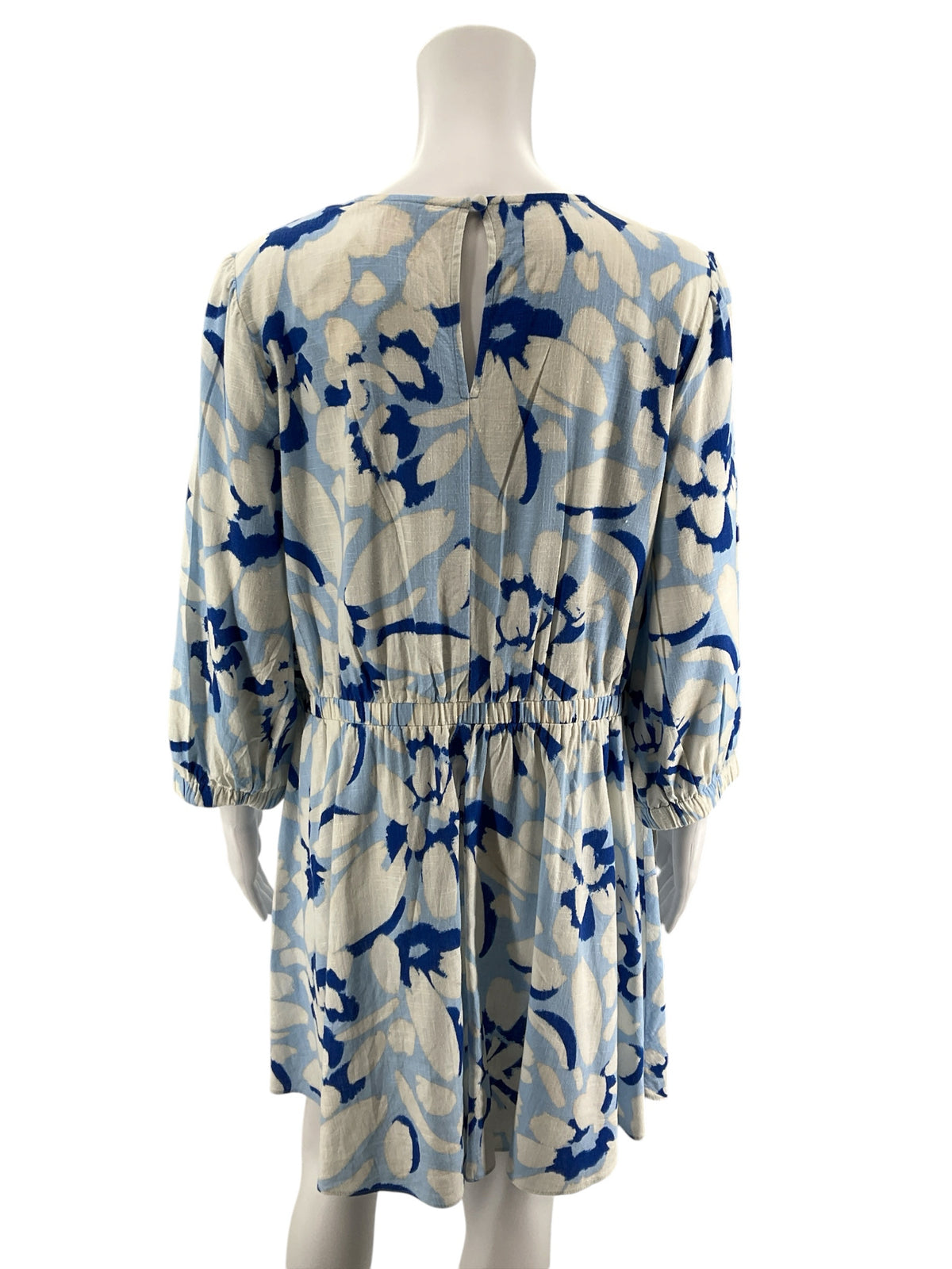 LOFT Floral Puff Sleeve Rayon Linen Blend Dress Blue White Size Large - ONLINE ONLY