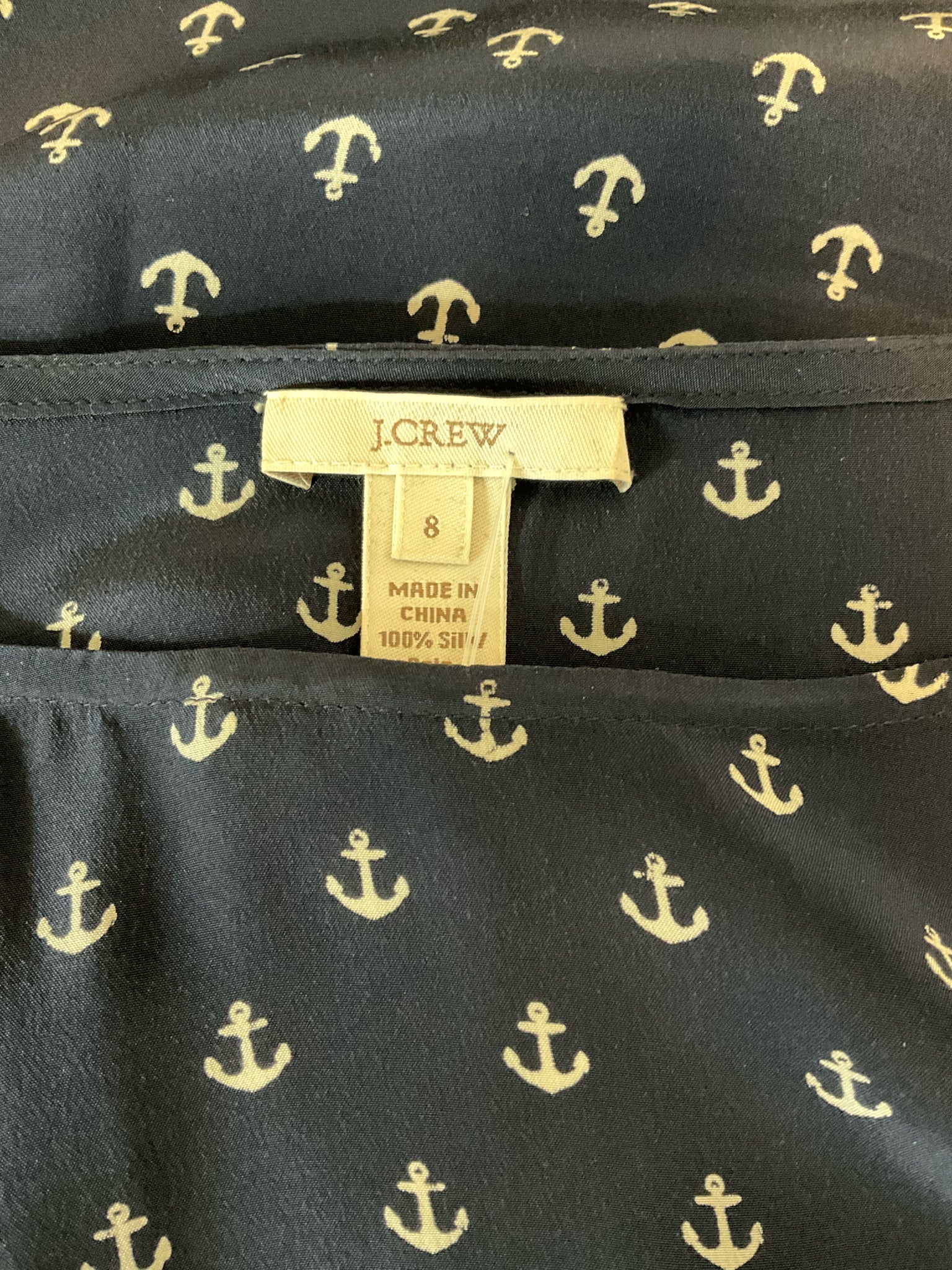 J.Crew Silk Anchor Print Nautical Blouse Navy Top Size 8