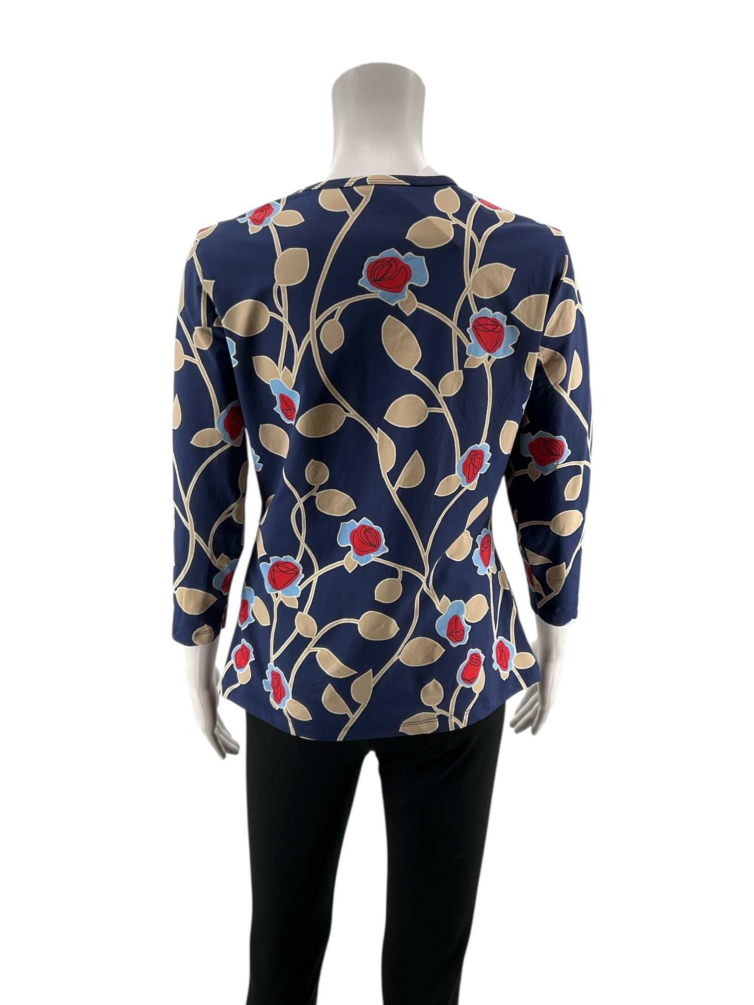 J. McLaughlin Catalina Cloth Floral Top Navy Red Tan 3/4 Sleeve Size Medium