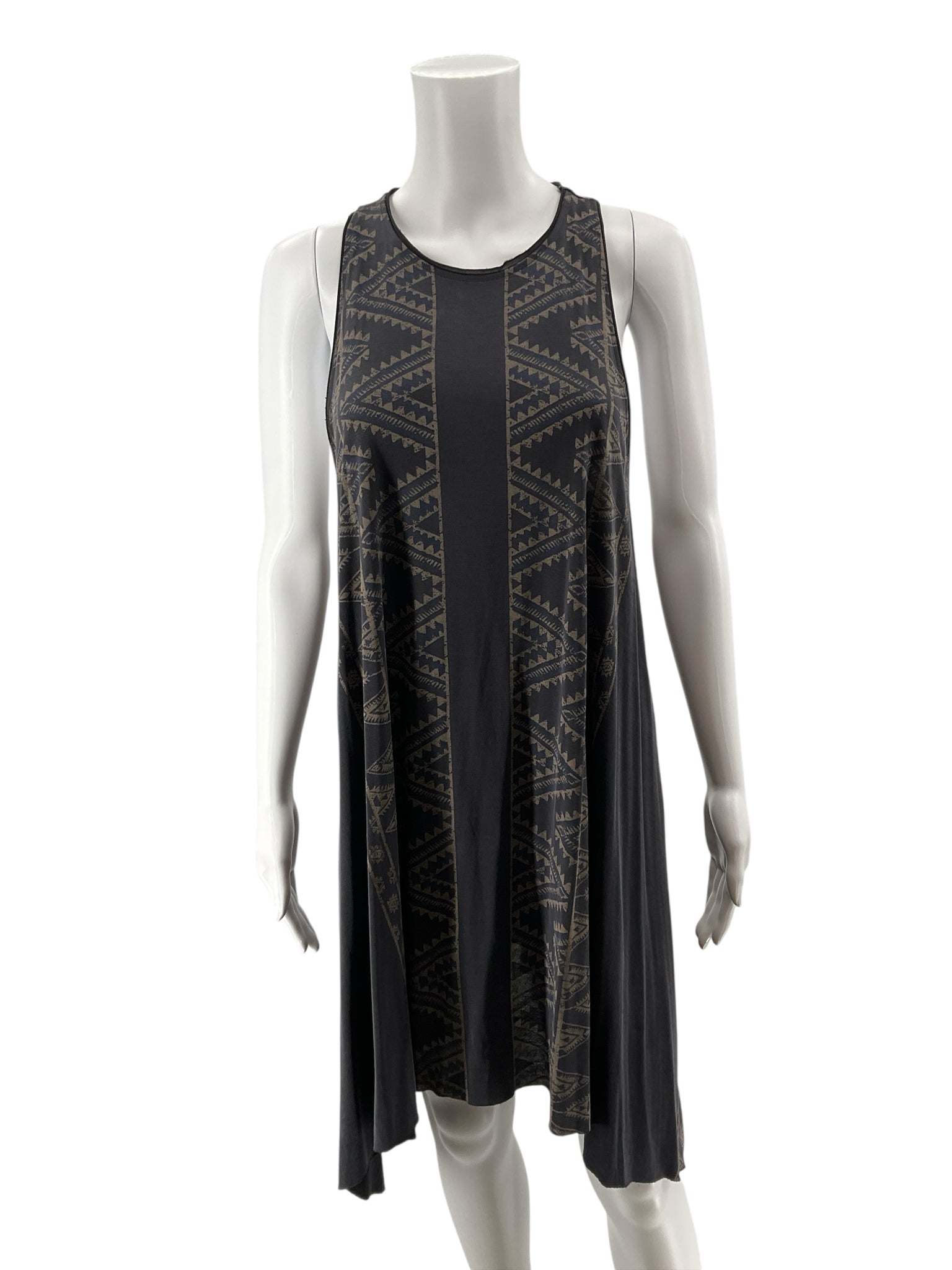 Ecote Aztec Print Racerback Handkerchief Hem Swing Dress Gray Tan Boho Medium