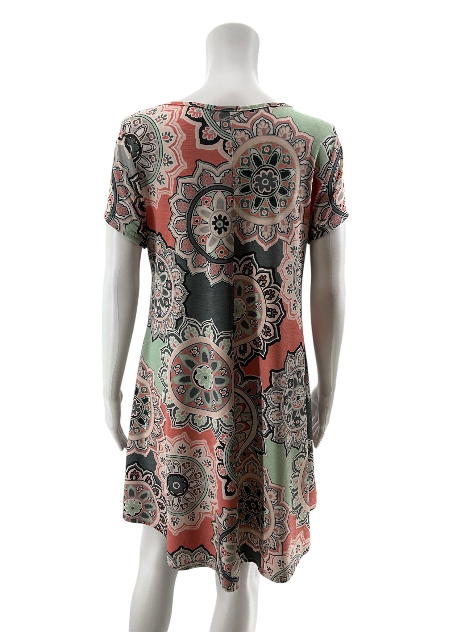 Jodifl Gray Coral Mint Medallion Print Crisscross Neck Tunic Dress Size Small