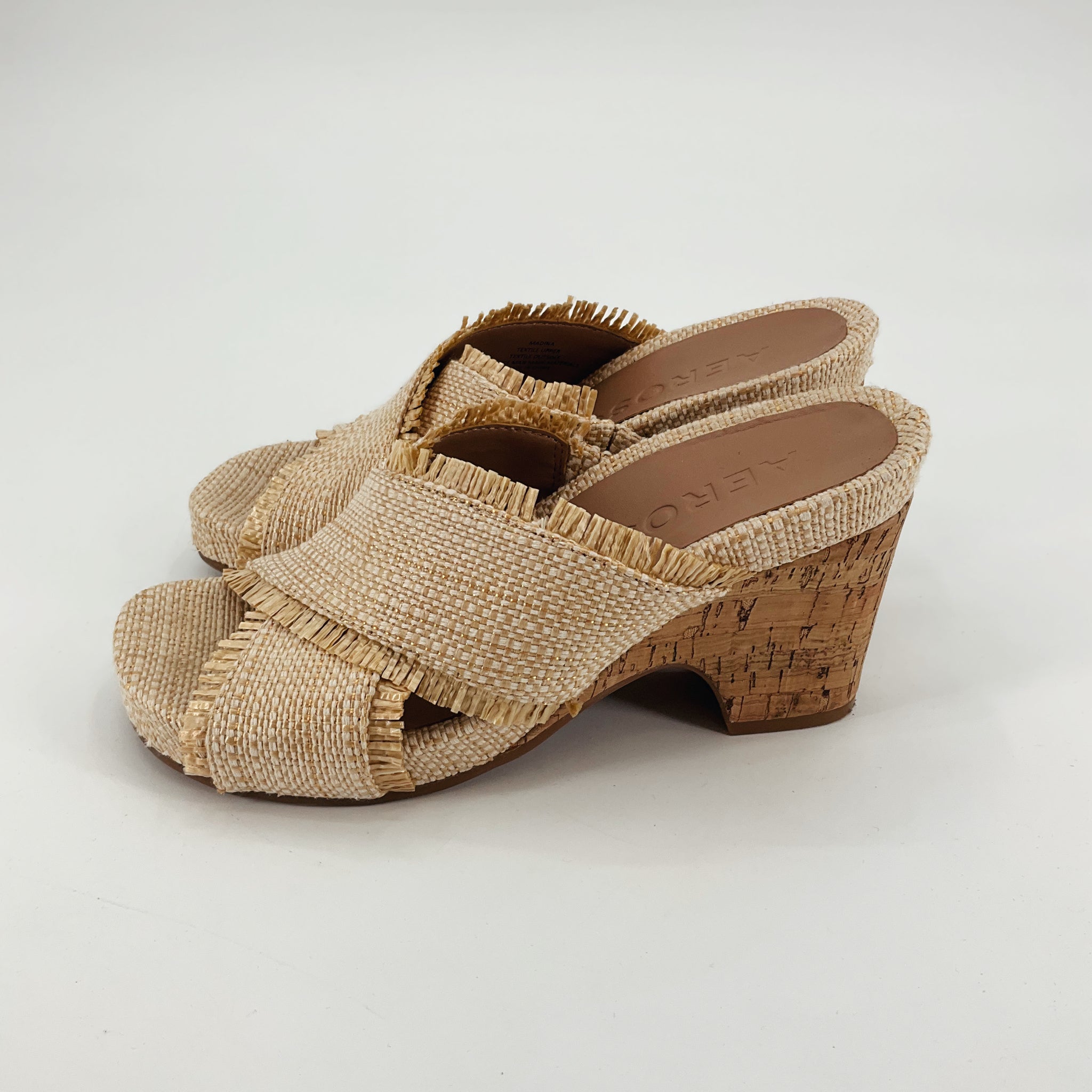 Aerosoles Madonna Woven Fringe Cork Wedge Sandals Mules Size 9 M