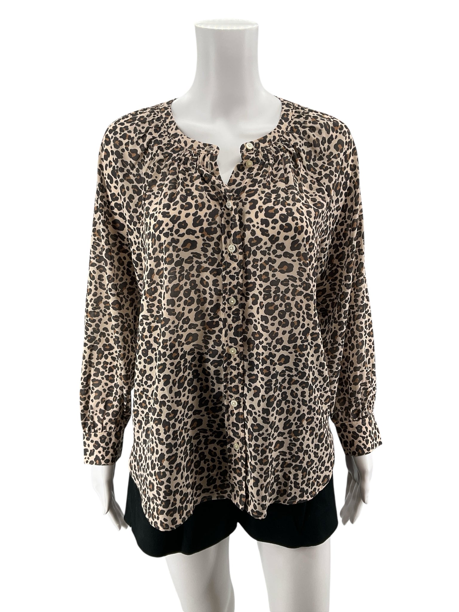 LOFT Petites Leopard Print Shirred Blouse Tan Brown Animal Print Top Size MP