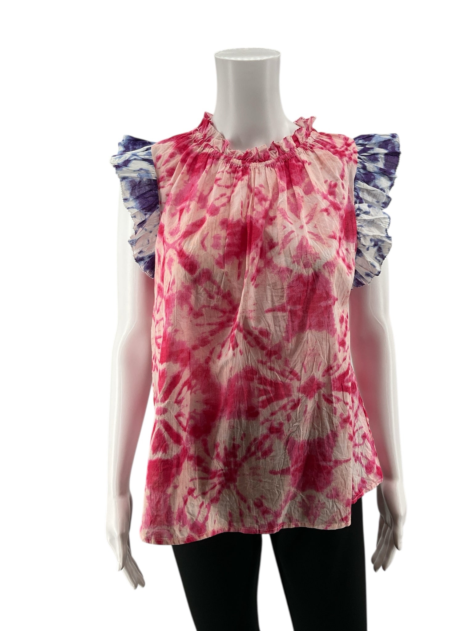 THML Pink/Purple Cap Sleeve Tie-Dye Ruffle Neck Sleeveless Bohemian Top Pink Purple Size Medium NWT - Size M
