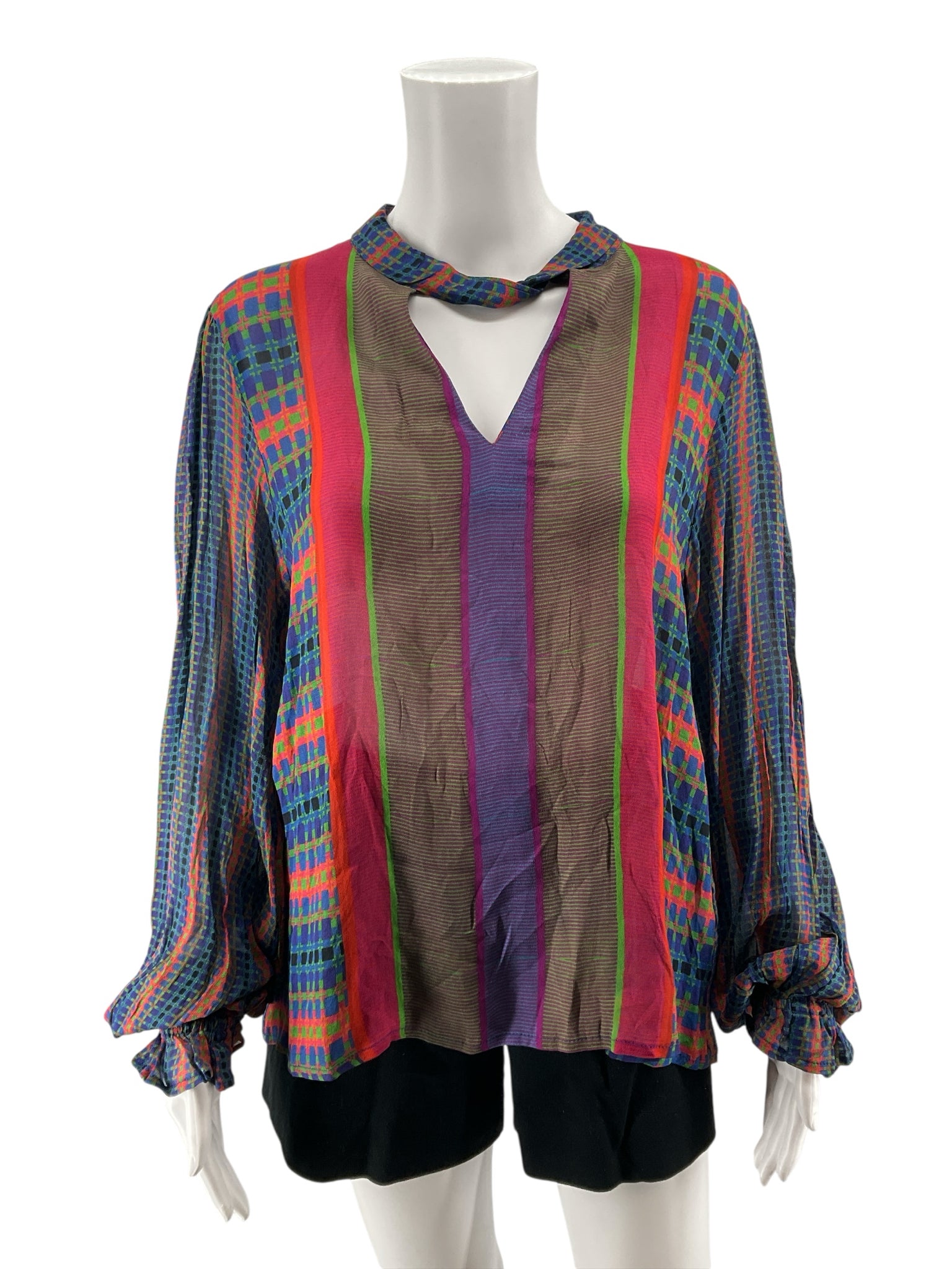 Conditions Apply Anthropologie Geometric Print Tie-Neck Boho Blouse XL NWT