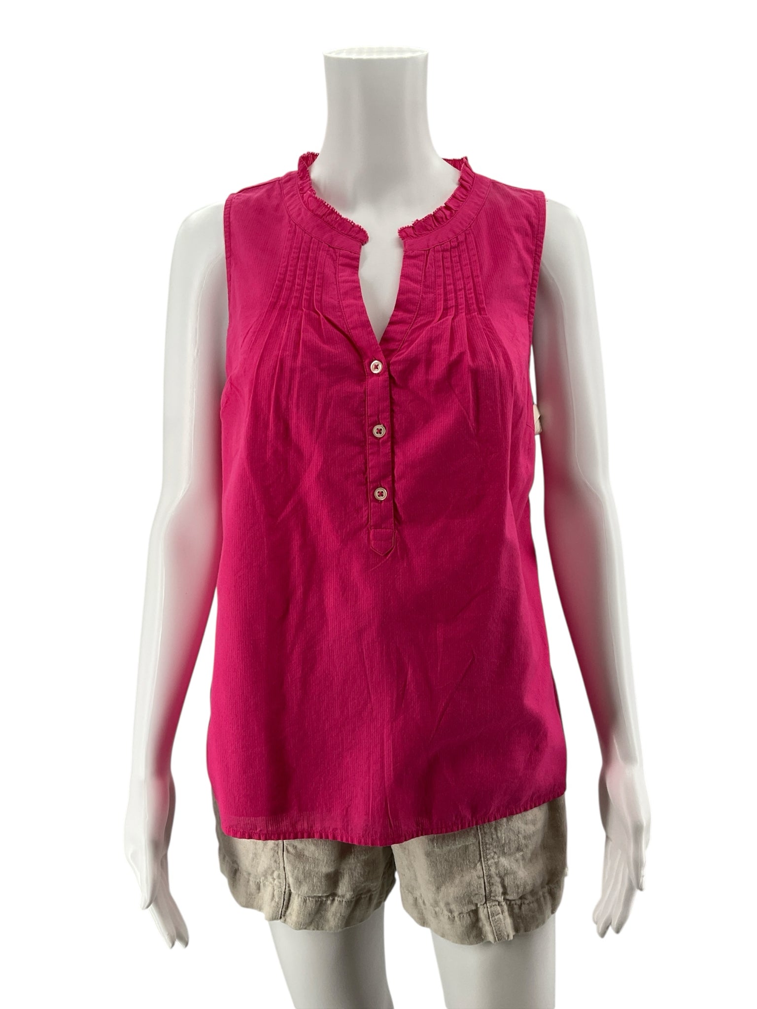 Talbots Petites Ruffle Neck Pintuck Sleeveless Top Cotton Blouse Pink MP NWT
