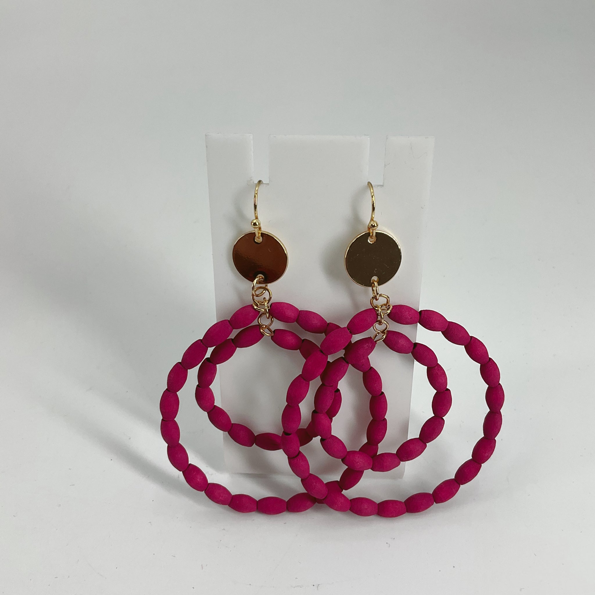 Fuchsia Triple Hoop Wood Bead Dangle Earrings