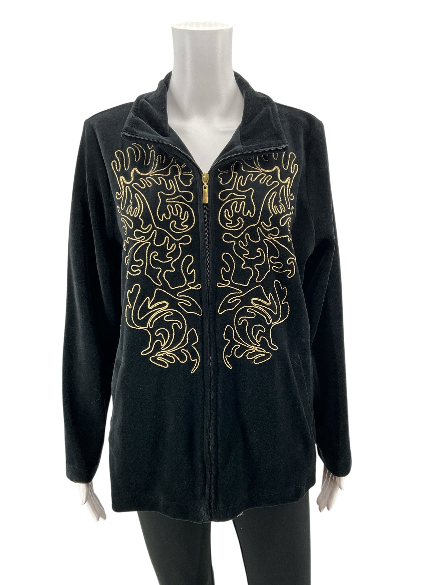 D!ifestyle Velour Zip Up Track Jacket Gold Swirl Embroidery Black Size Large