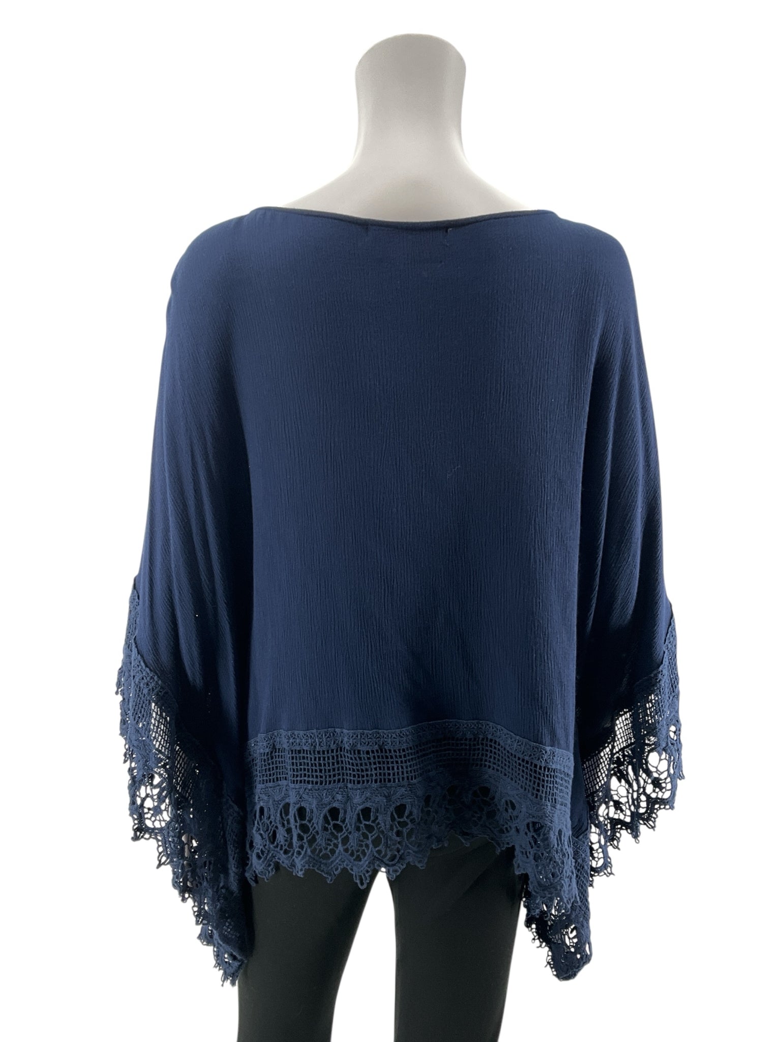 Katja Navy Blue Lace Poncho Top Boho Handkerchief Hem Blouse Size 2XL