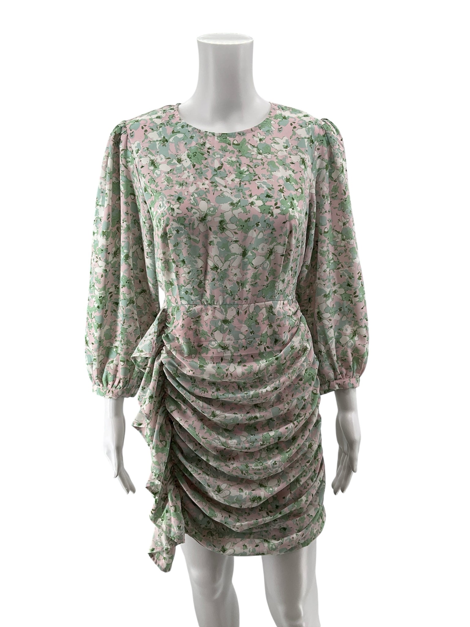Entro Floral Asymmetrical Ruched Mini Dress Pink Green Size Small - ONLINE ONLY