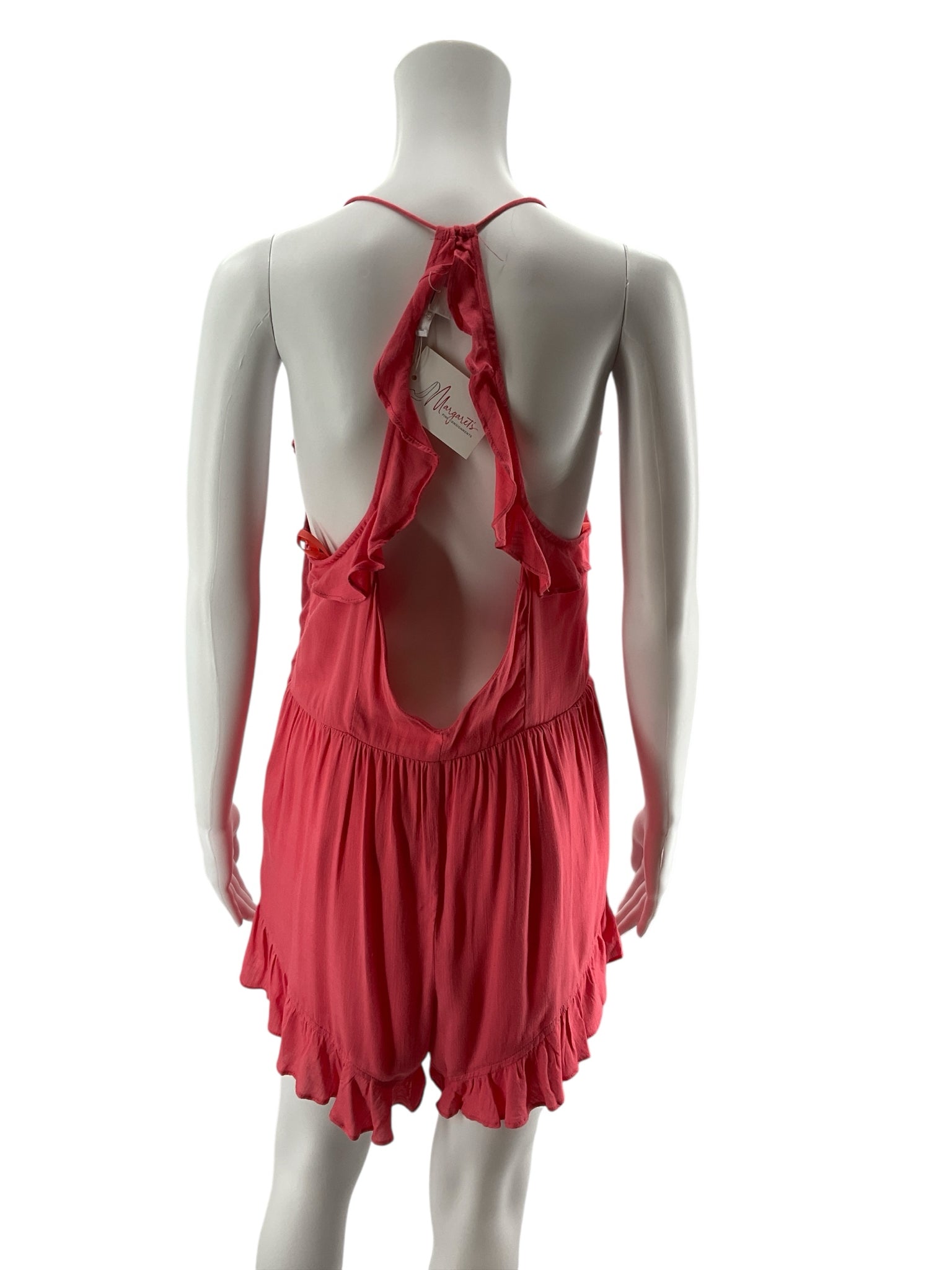 Love Riche Coral Ruffle Button Front Tie Back Romper Size Medium