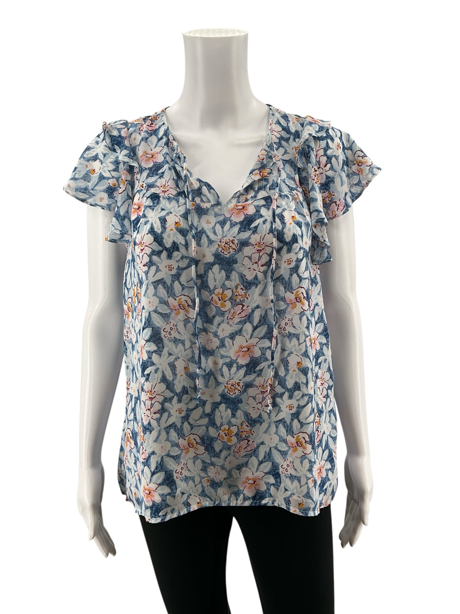 Melloday Floral Ruffle V-Neck Blouse Size Medium Blue White