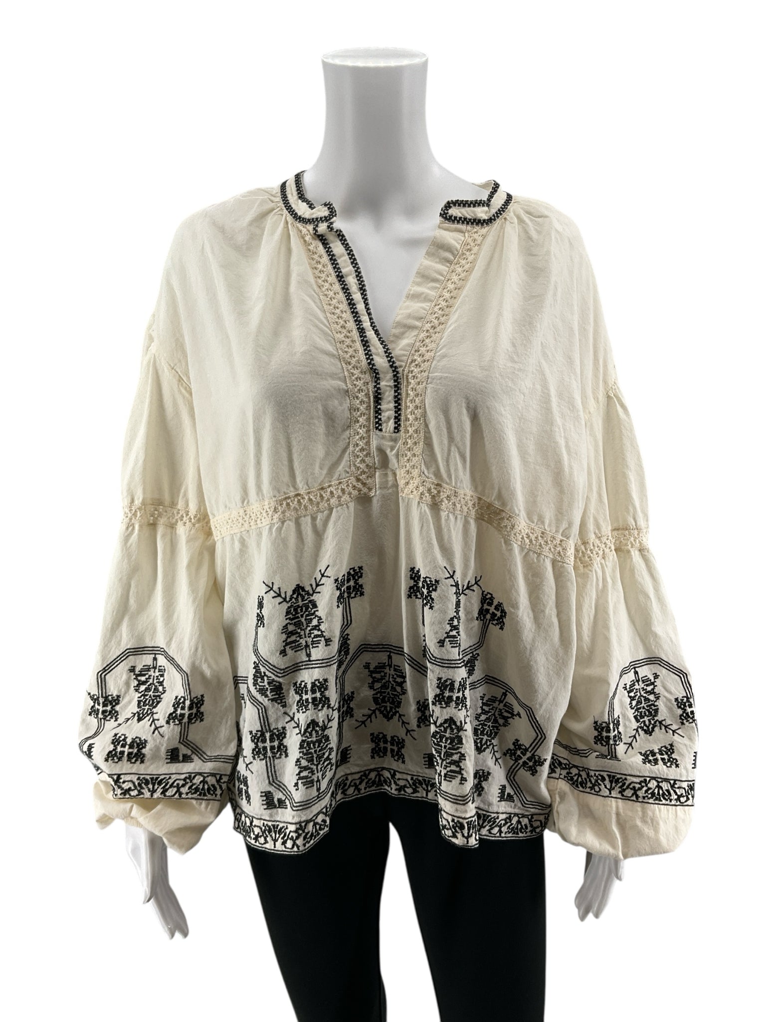 Solitaire Cream Embroidered Bohemian Peasant Blouse Top XL