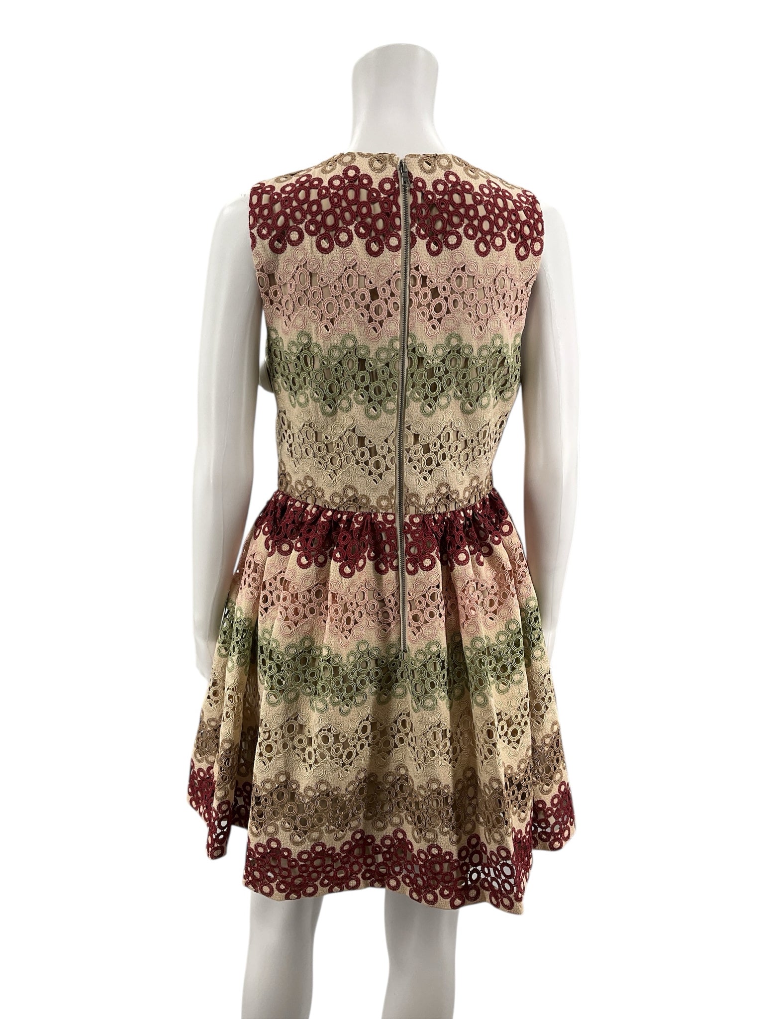 Alice + Olivia tan/maroon/green Fit and Flare Alice + Olivia Tan/Maroon/Green Circles Pre-Owned Ladies Dress - Size 6 - Size 6