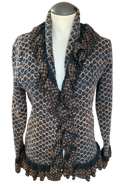 Yvos Geometric Jacquard Ruffle Trim Open Front Cardigan Shrug Size Small