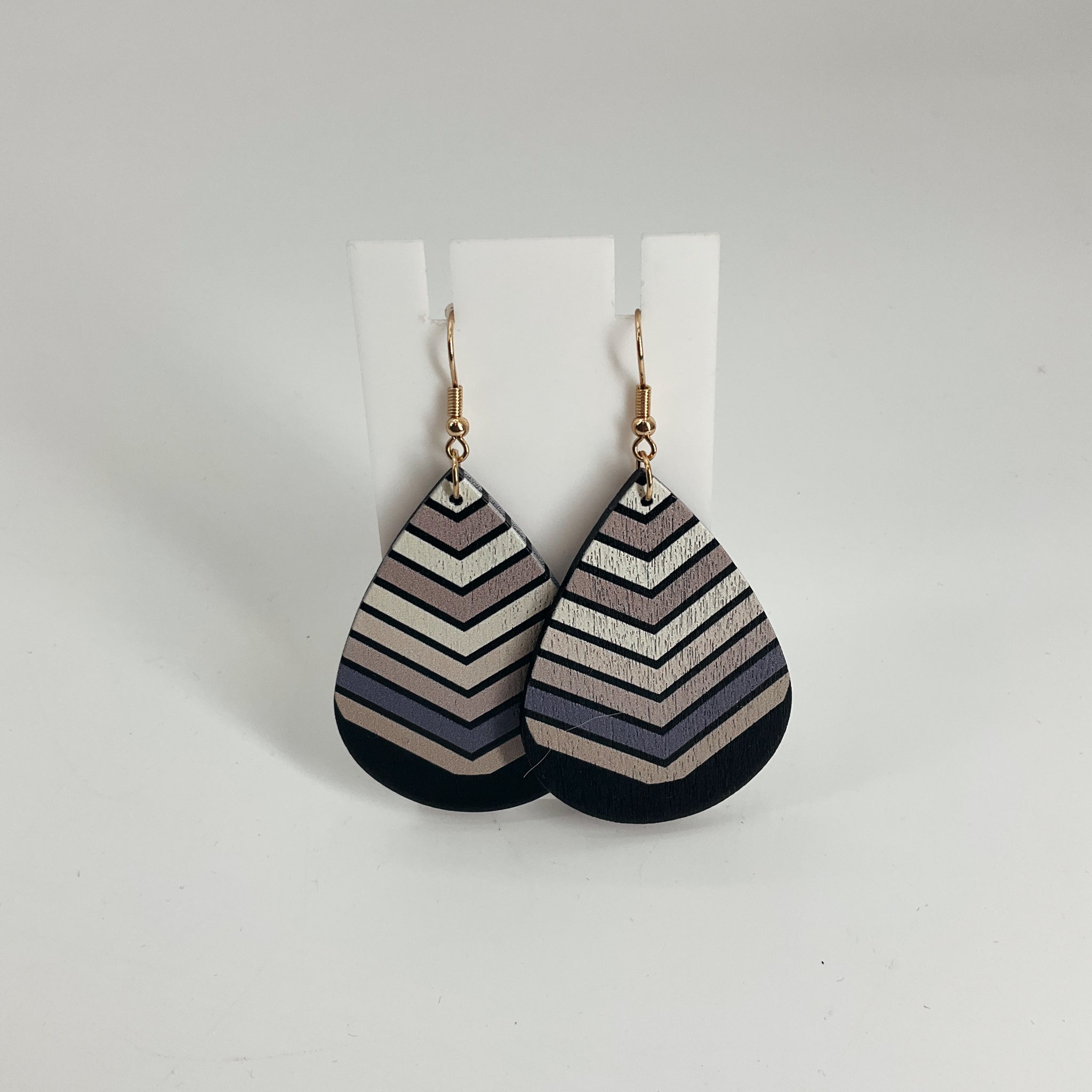 Hand-Painted Wood Teardrop Earrings Geometric Chevron Stripe Boho Dangle