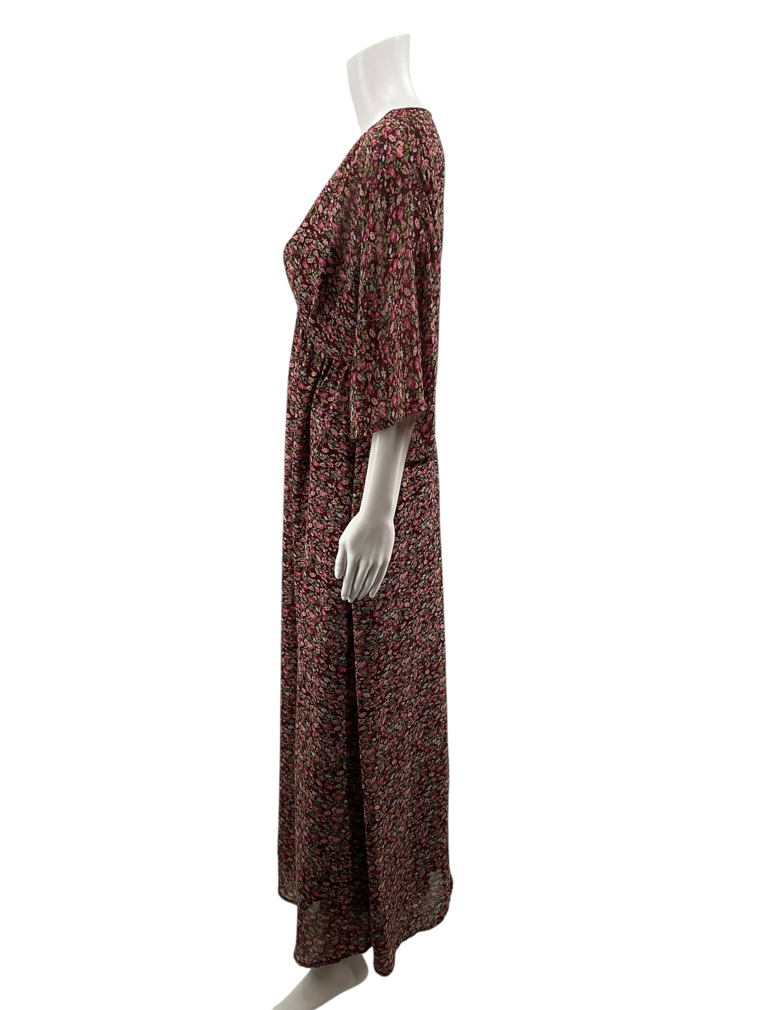 Entro Floral Flutter Sleeve Midi Dress Burgundy V-Neck Size Small
