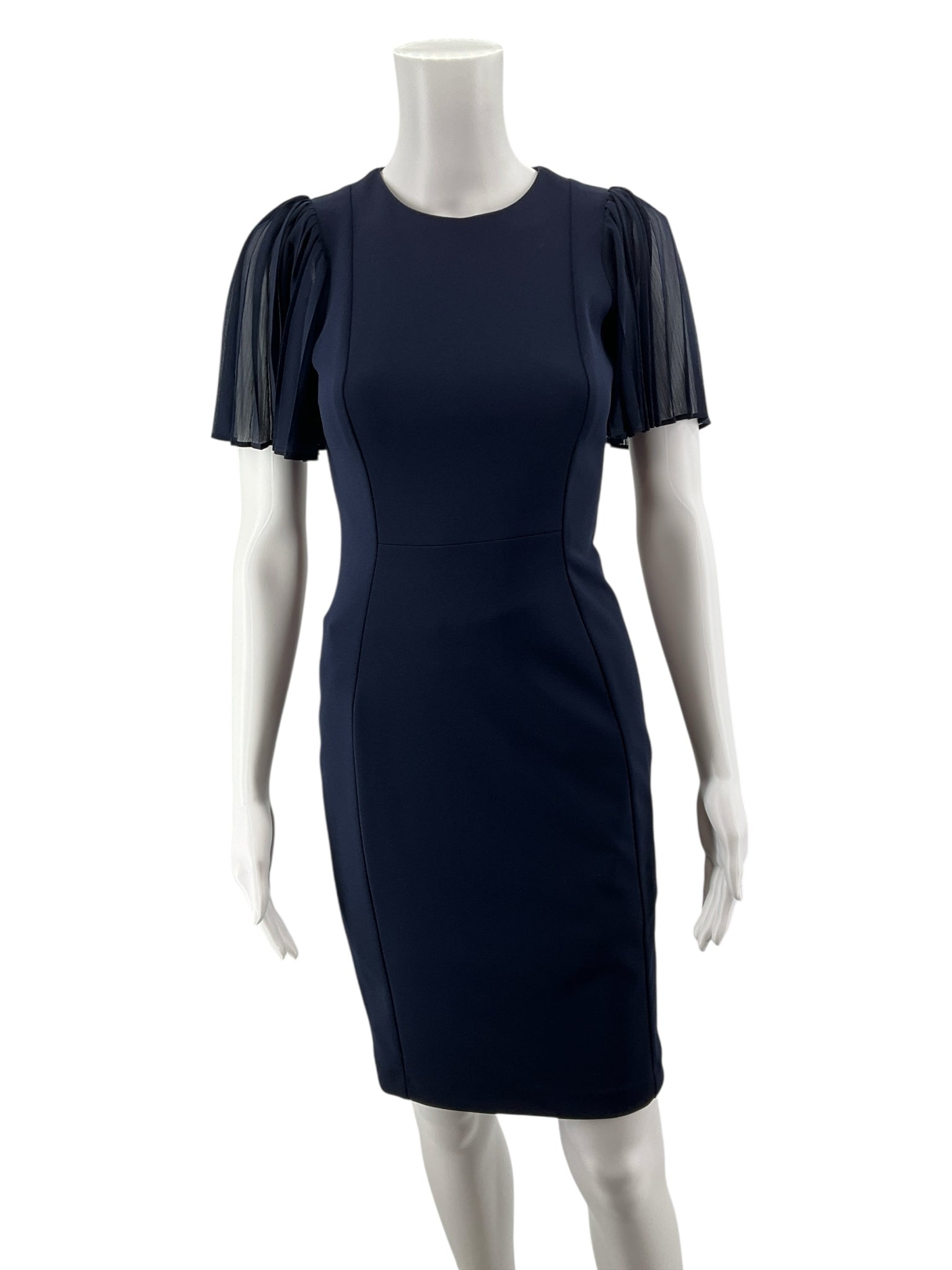 Calvin Klein Navy Blue Pleated Flutter Sleeve Sheath Dress Size 2P