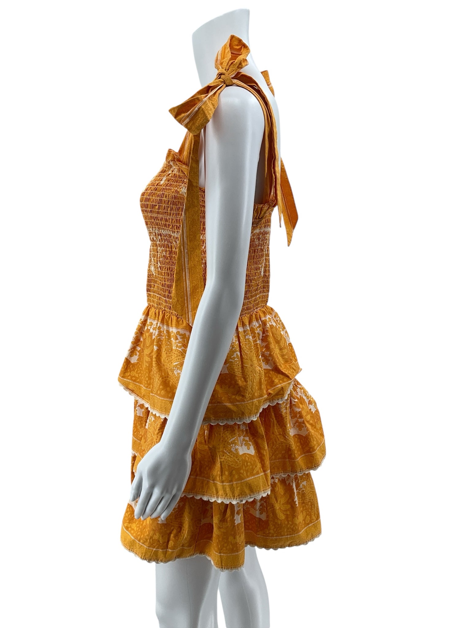 Cleobella Margaux Smocked Tiered Floral Mini Dress Mustard Yellow Medium