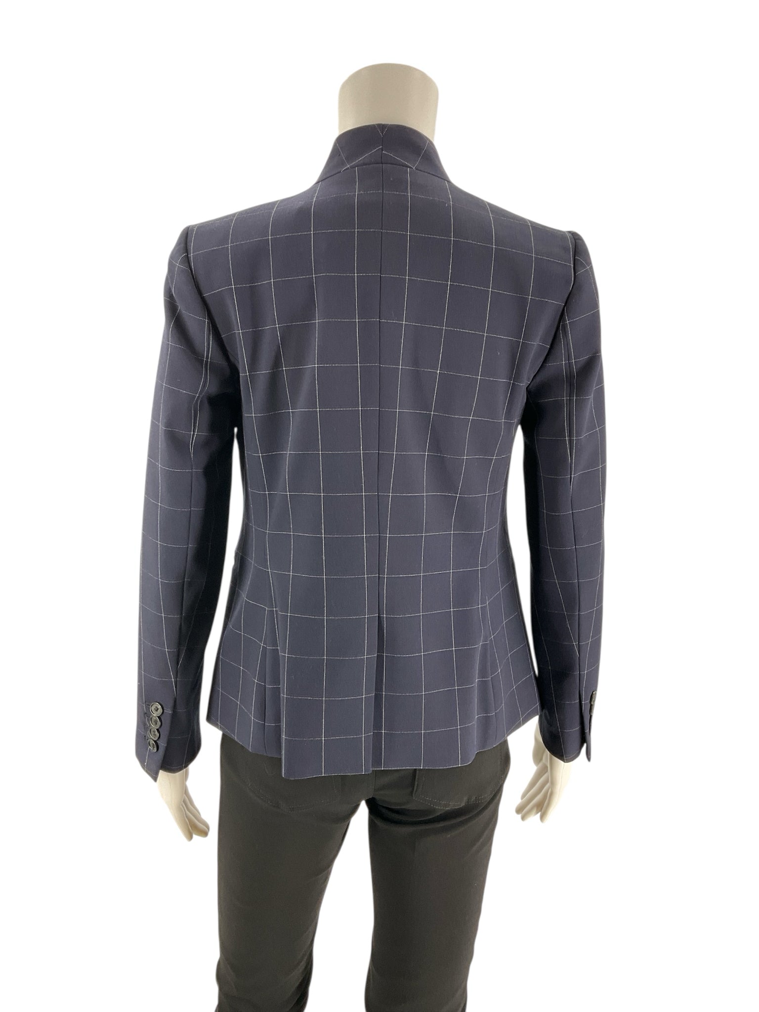 Navy and white checkered Ann Taylor blazer for women, size 00 petite, featuring a tailored fit and classic design.