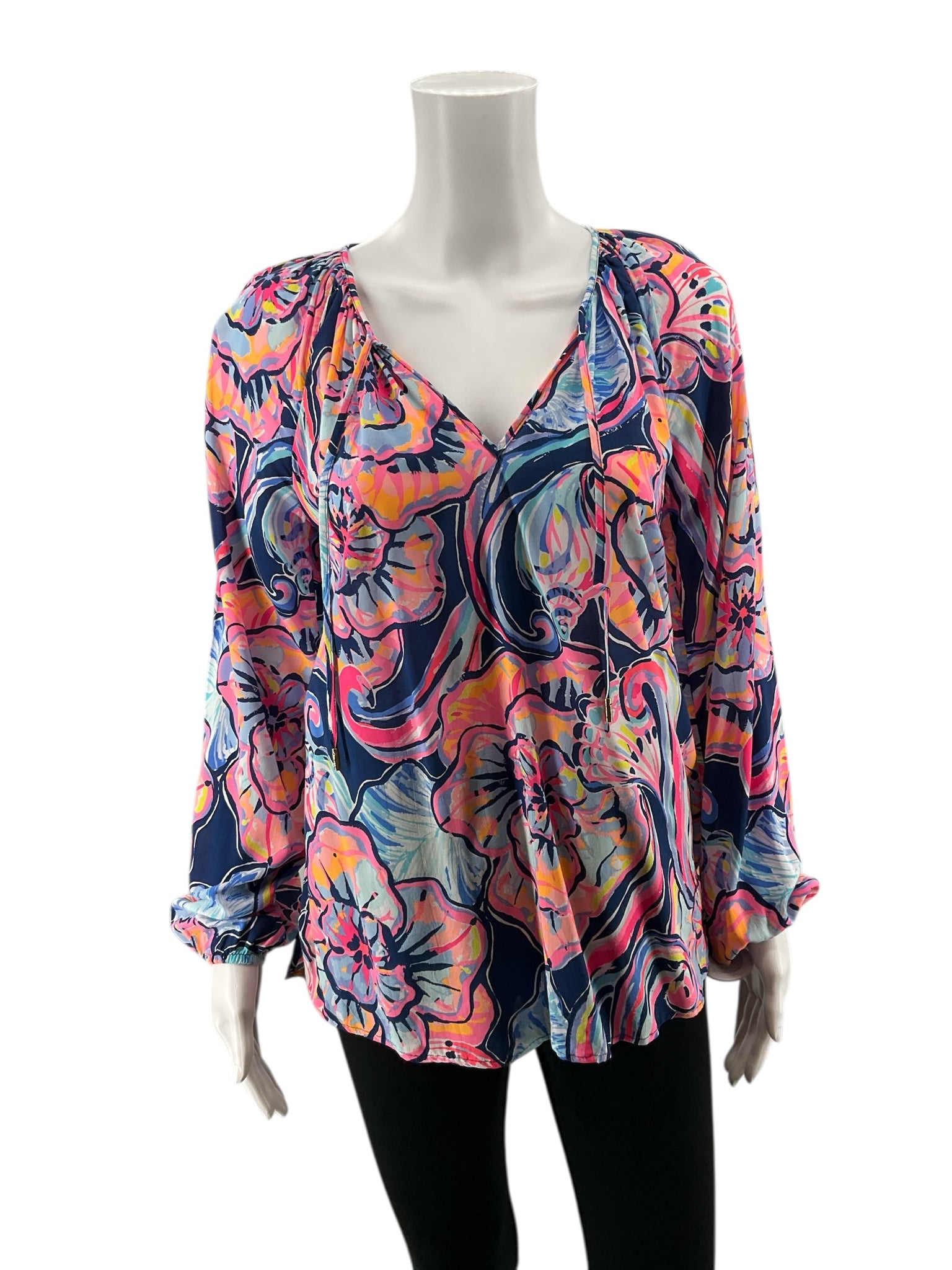 Lilly Pulitzer pink/blue/orange Long Sleeve Nevie Top Multi Sink Or Swim Floral Blouse Size Small - Size S