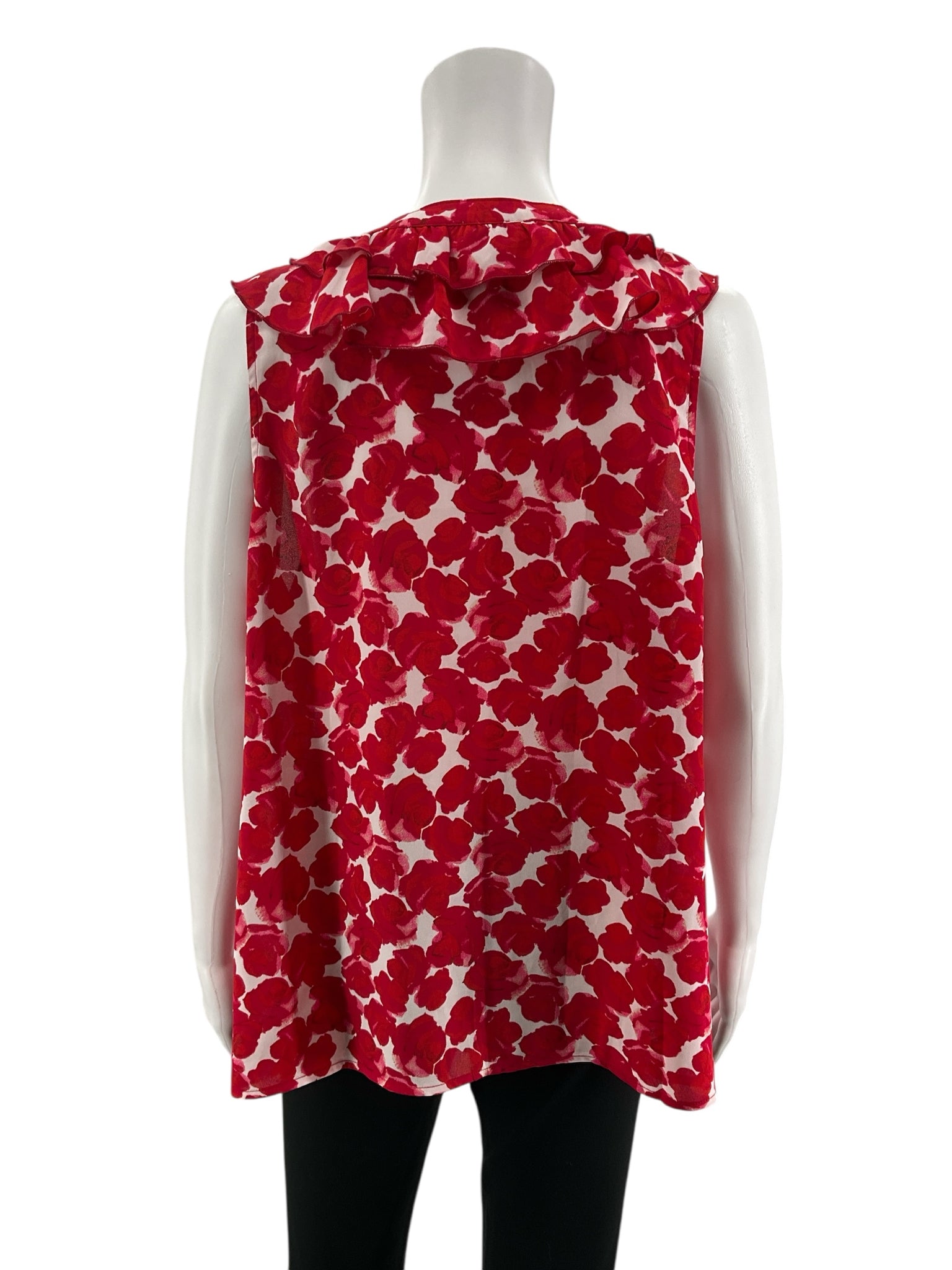 cabi White/Red Sleeveless Valentine Blouse Red Floral Ruffle V-Neck Sleeveless Top Size Large - Size L