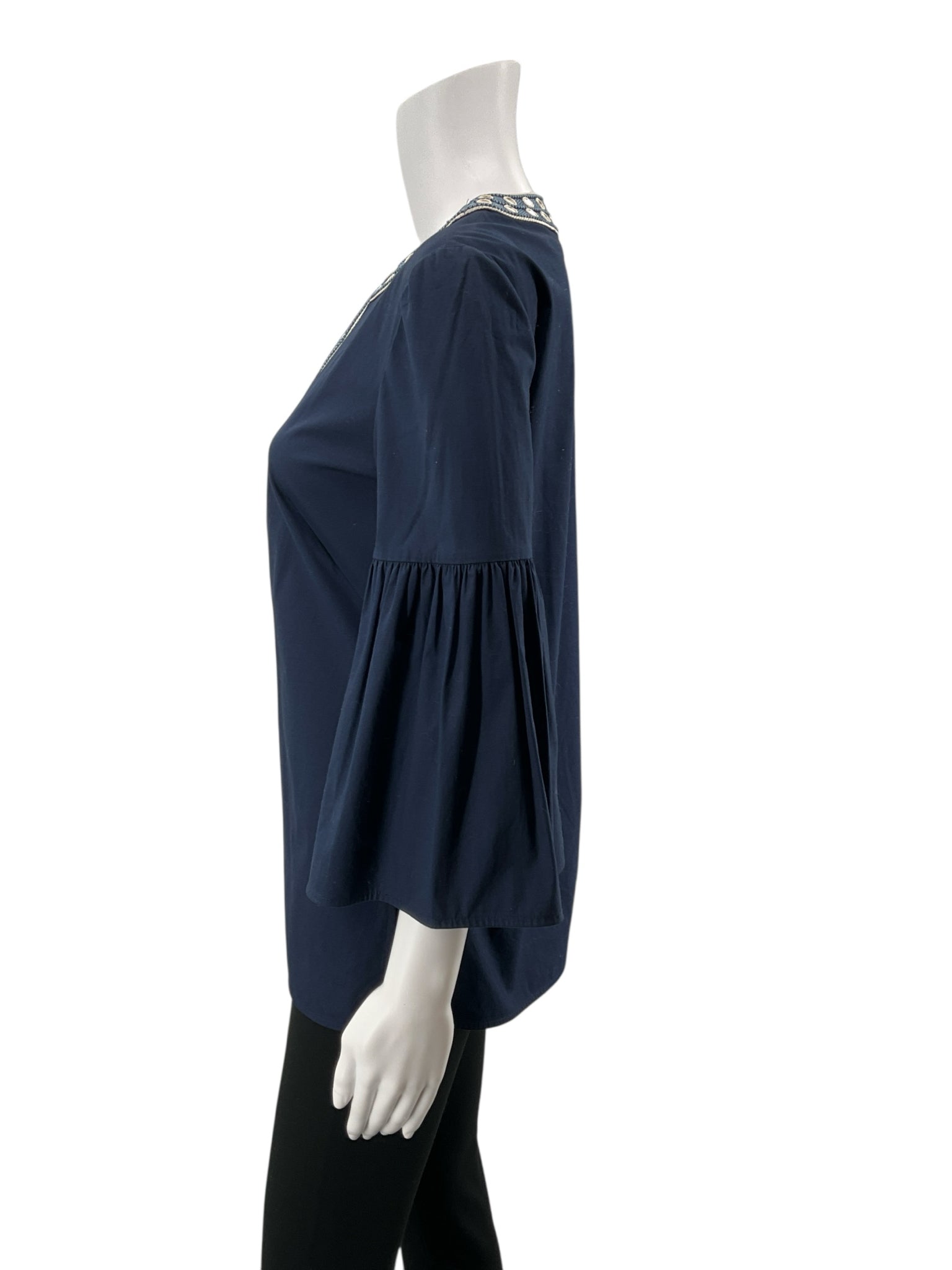 Tory Burch Navy 3/4 Sleeve Harper Tunic Navy Blue Mirror Embroidered Bell Sleeve Top Size 2 - Size 2