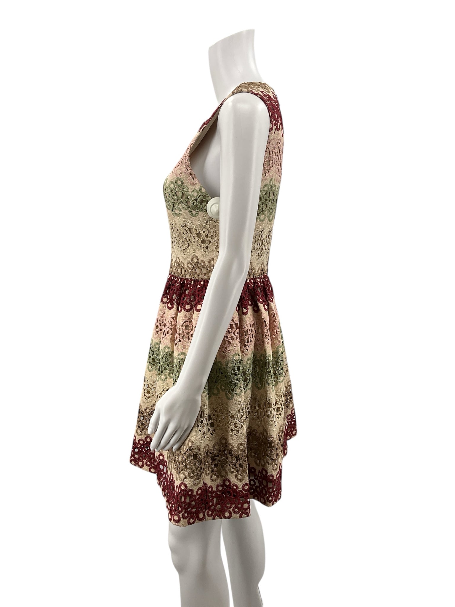 Alice + Olivia tan/maroon/green Fit and Flare Alice + Olivia Tan/Maroon/Green Circles Pre-Owned Ladies Dress - Size 6 - Size 6