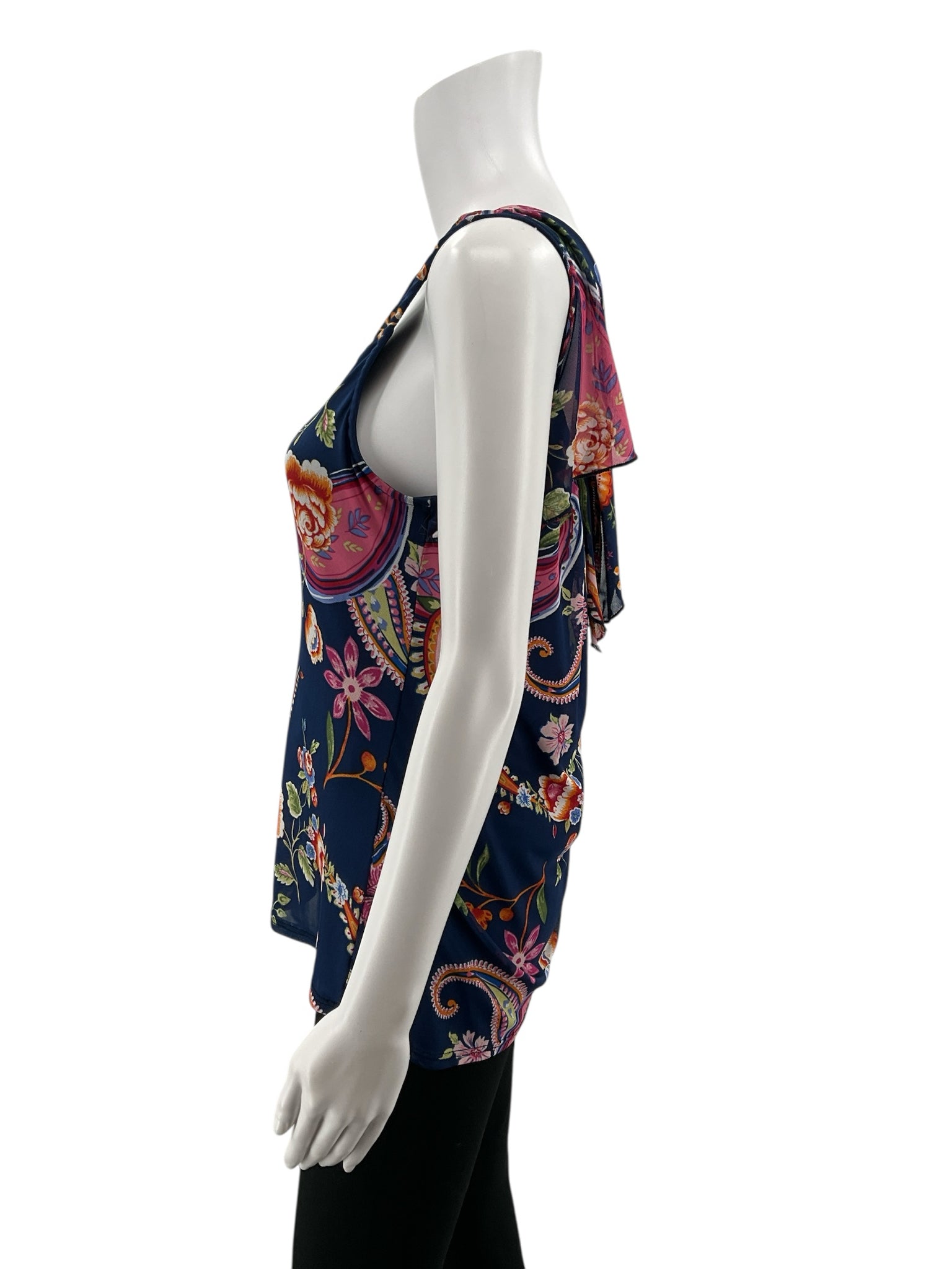 Espresso Paisley Floral Ruffle Tie-Back Tank Top Blue Multi Size Small