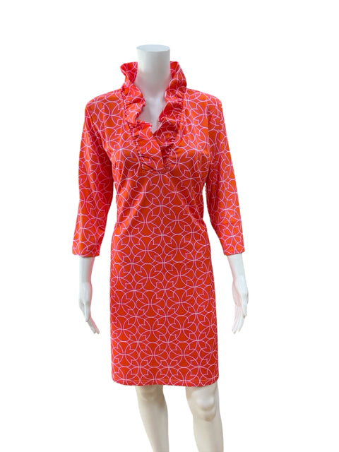 Gretchen Scott Ruffle Neck Dress Size Large Tangerine Groove Geometric Print