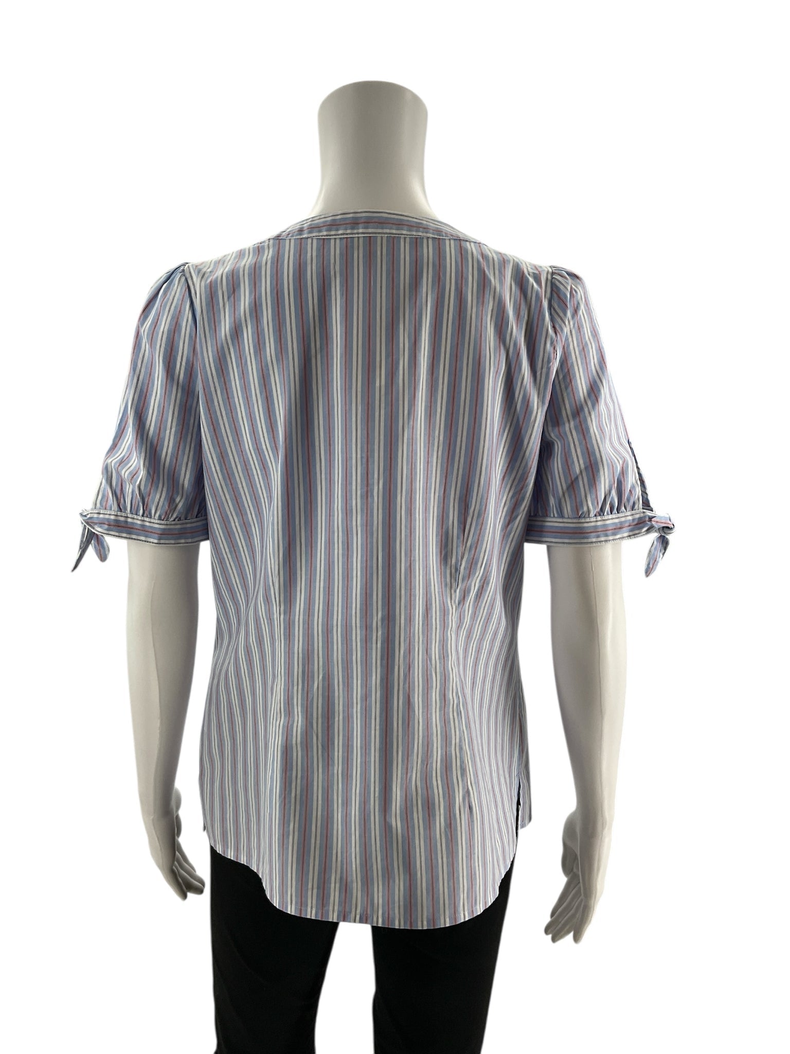 Talbots pre-owned white, blue, and red striped popover blouse for women, size small petite, displayed on a neutral background.