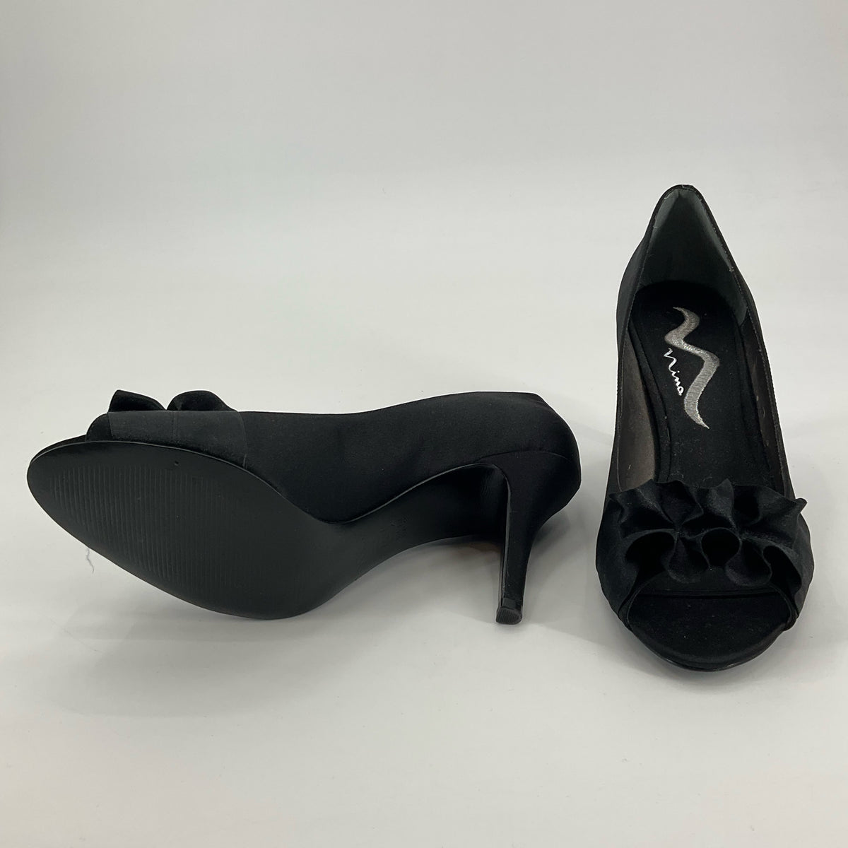 Nina Forbes Black Satin Ruffle Peep Toe Platform Heels Size 8 - ONLINE ONLY