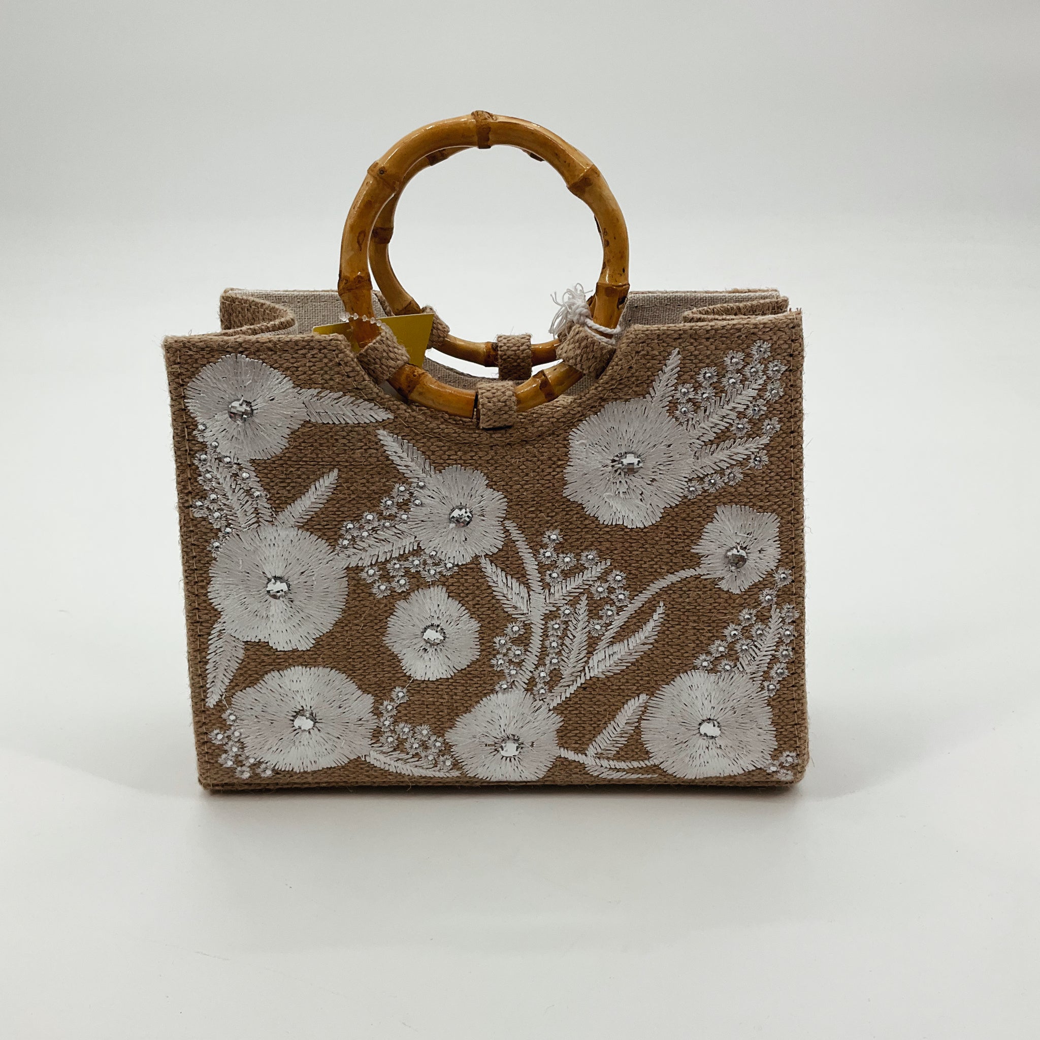 Haute Hippie NWT Floral Embroidered Jute Tote Bag Bamboo Handles
