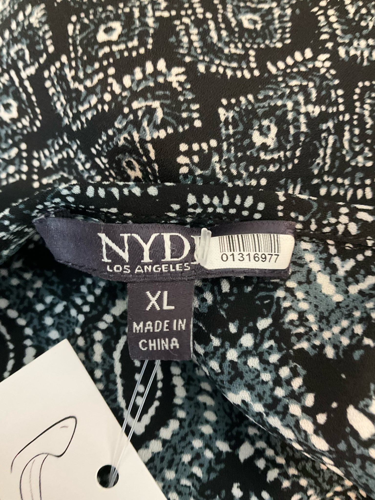 NYDJ Geo Dot Tie-Neck Peasant Blouse Tunic Top Black White Teal XL