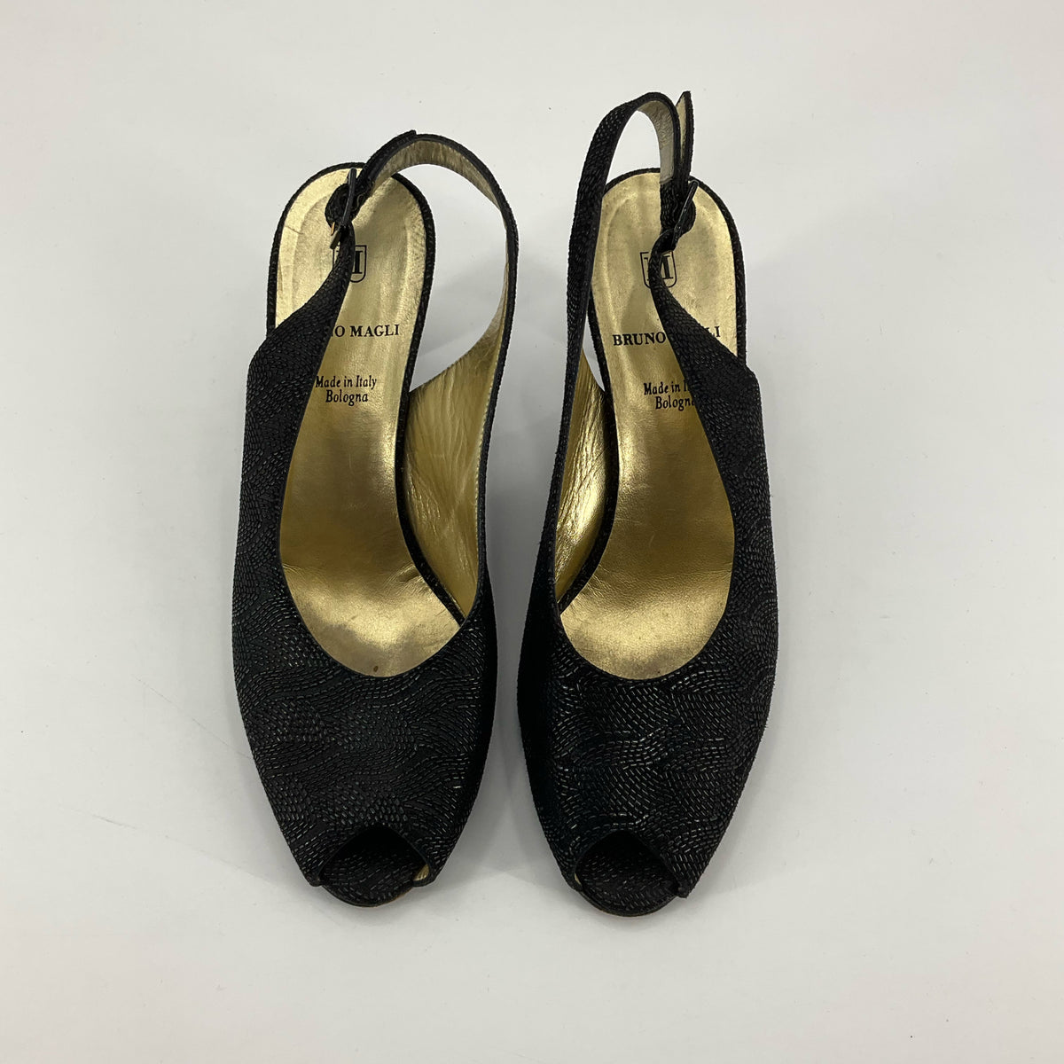 Bruno Magli Black Swirl Fabric Peep Toe Slingback Heels | Size 7 | Made in Italy - ONLINE ONLY