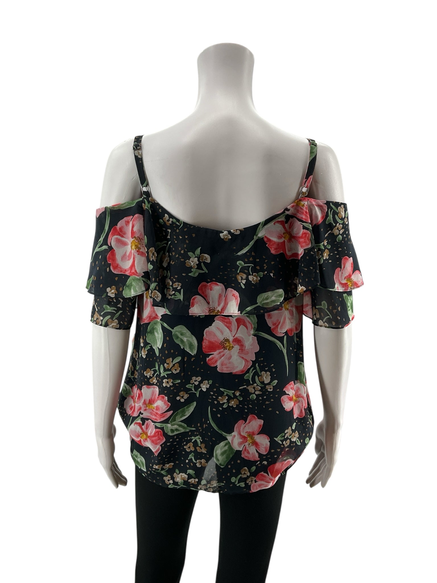 cabi Navy/red Cold Shoulder Ruffle Top Floral Cold Shoulder Blouse Size S Style 5220 - Size S
