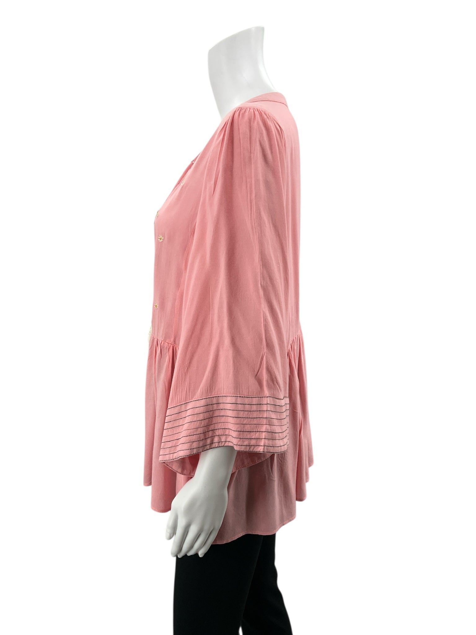 Entro Pink 3/4 Sleeve Pink Floral Embroidered Boho Peplum Blouse Tassel Tie Top Size Large - Size L