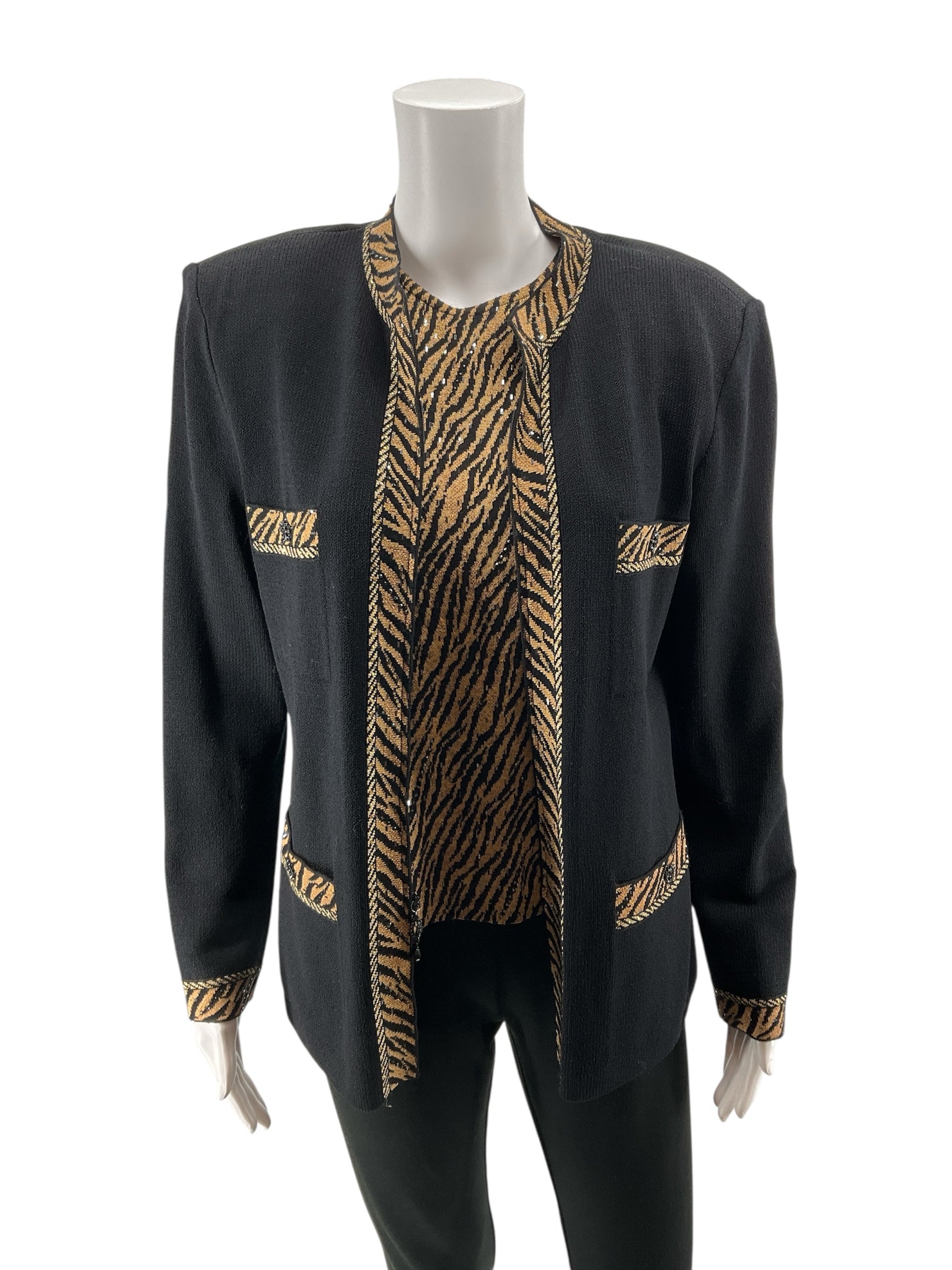 St. John Evening Zebra Trim Boucle Knit Cardigan & Shell Set Size 8 / Medium
