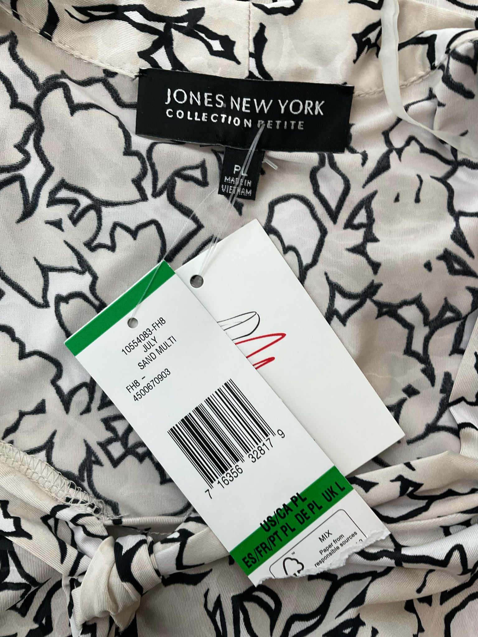 Jones New York Tan/White Print Pre-Owned Ladies Top - Size Petite Large - Margaret’s Fine Consignment