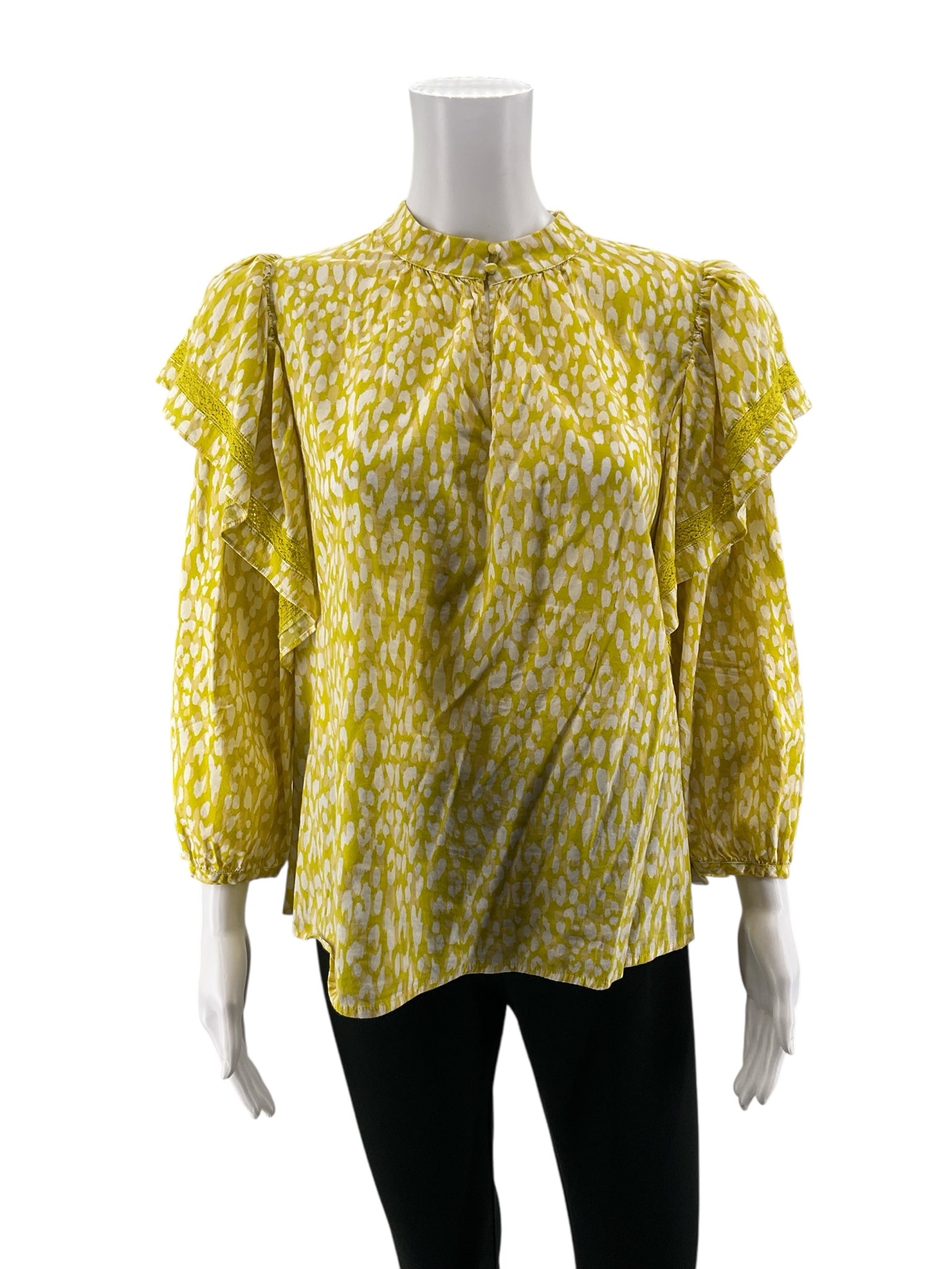 WHO WHAT WEAR mustard/white 3/4 Sleeve Mustard & White Animal Print Ruffle Sleeve Blouse Top Size XL - Size XL