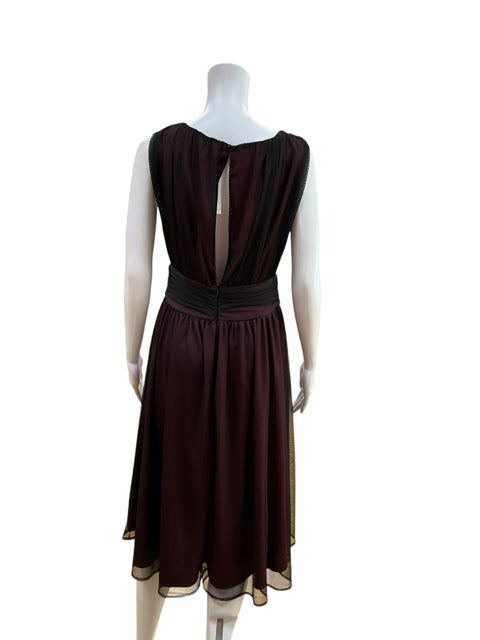Cami V-Neck A-Line Midi Cocktail Dress Black Maroon Mesh Size 10