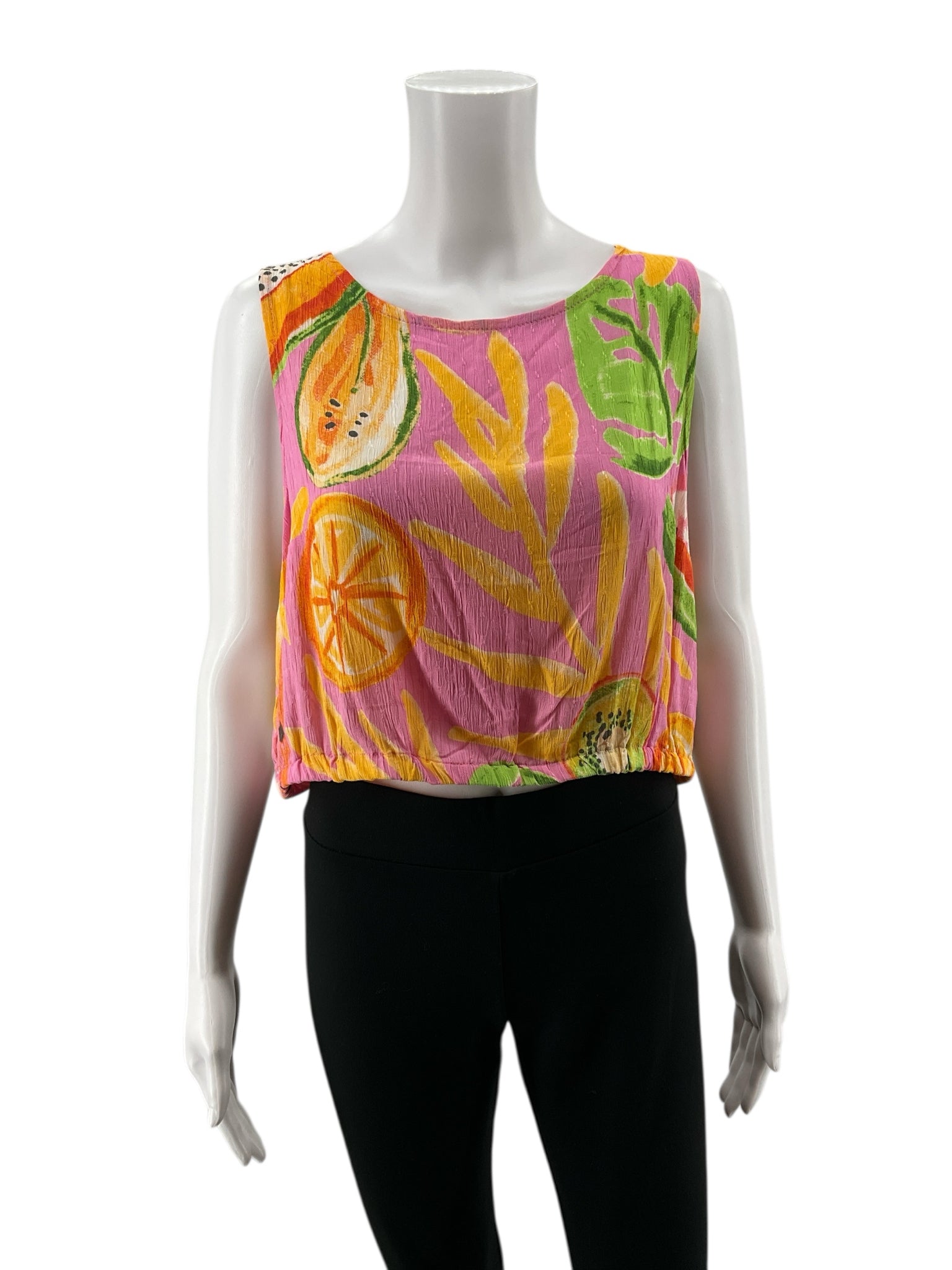 C&C California Pink/Orange/Green Sleeveless Tropical Fruit Print Crop Tank Top Size Large NWT - Size L