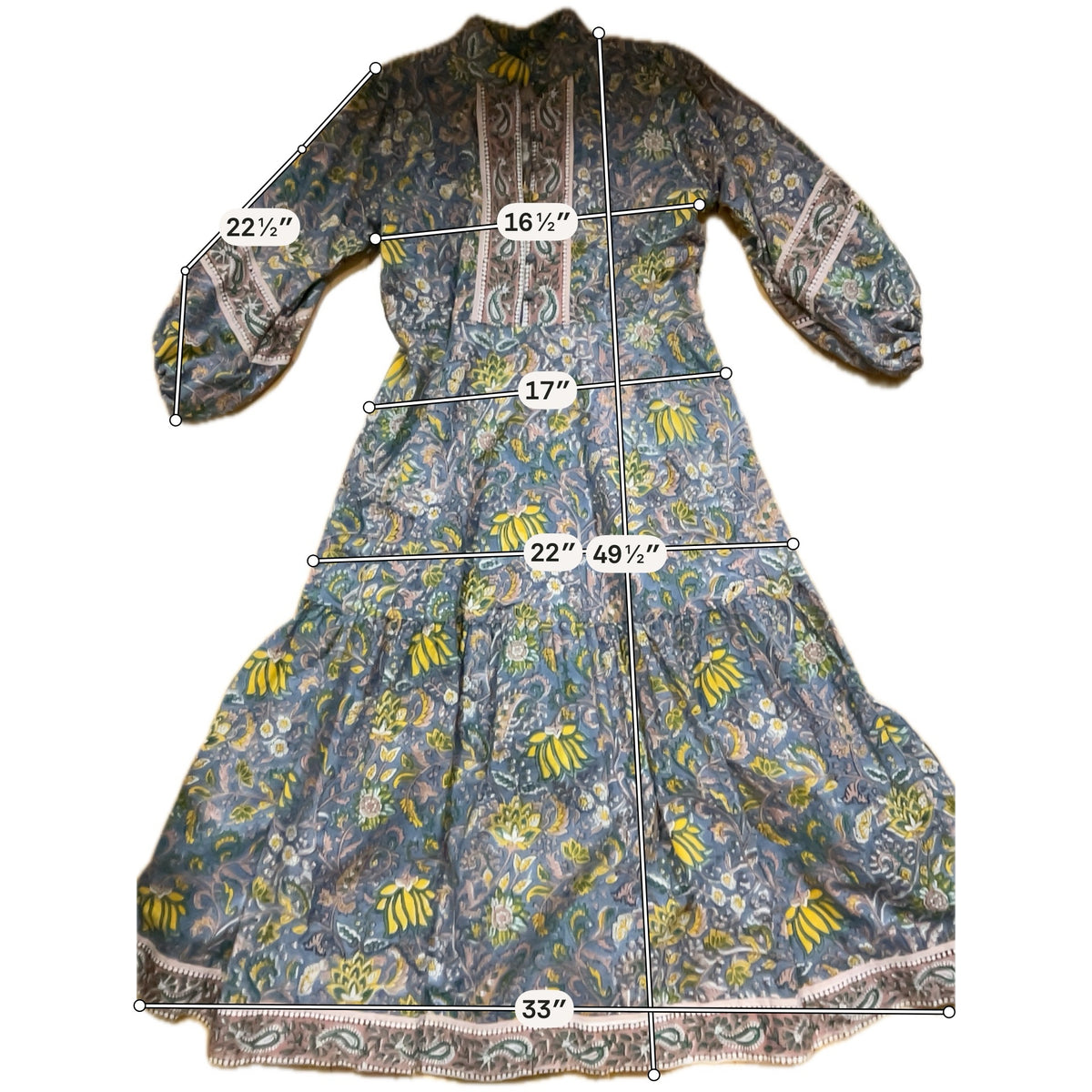 Sue Sartor Flounce Dress Size Small Blue Floral Paisley Print Boho Midi - ONLINE ONLY